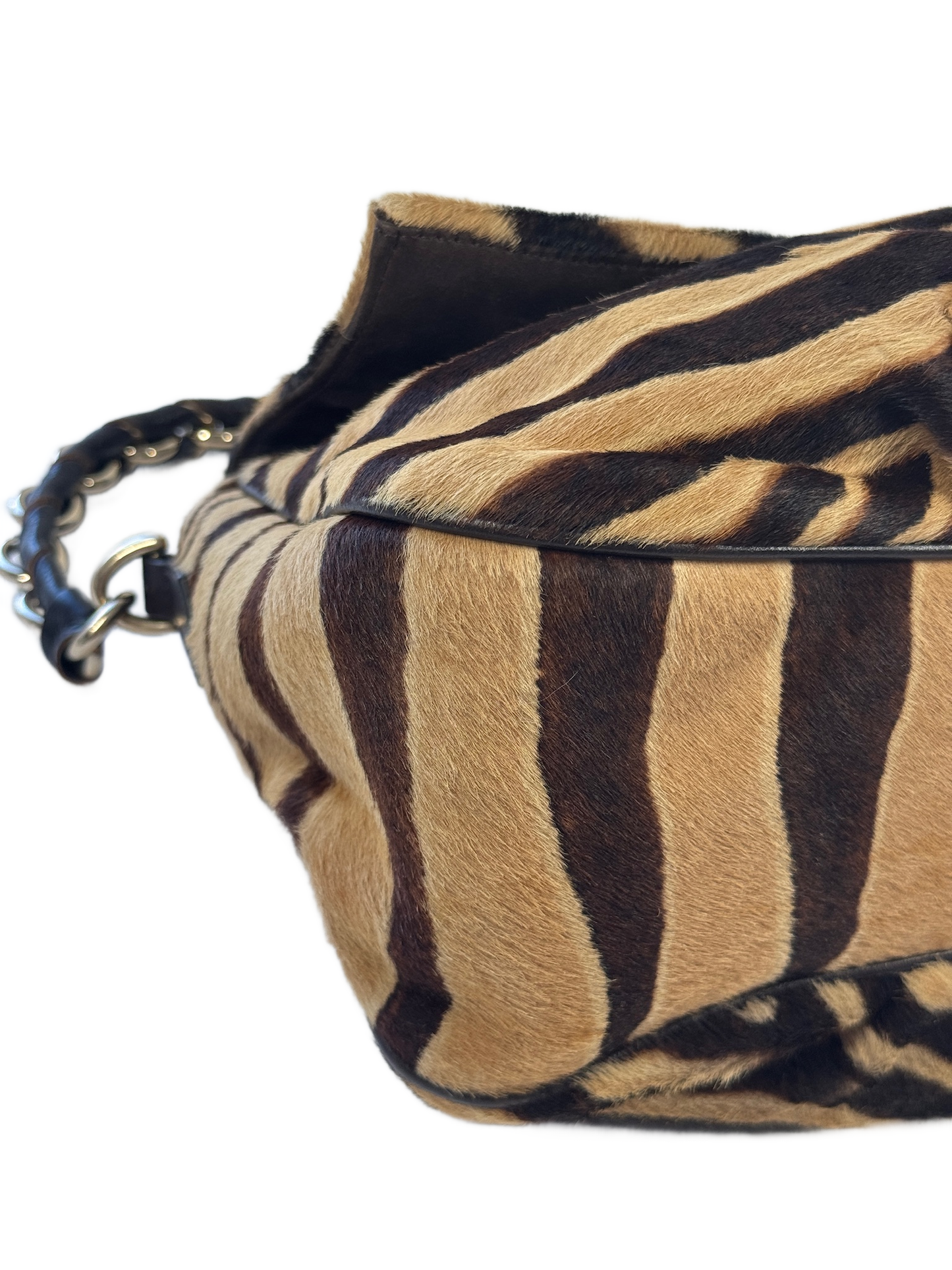 Fendi Vintage Beige & Brown Zebra Print Pony Hair Medium Chain Shoulder Bag