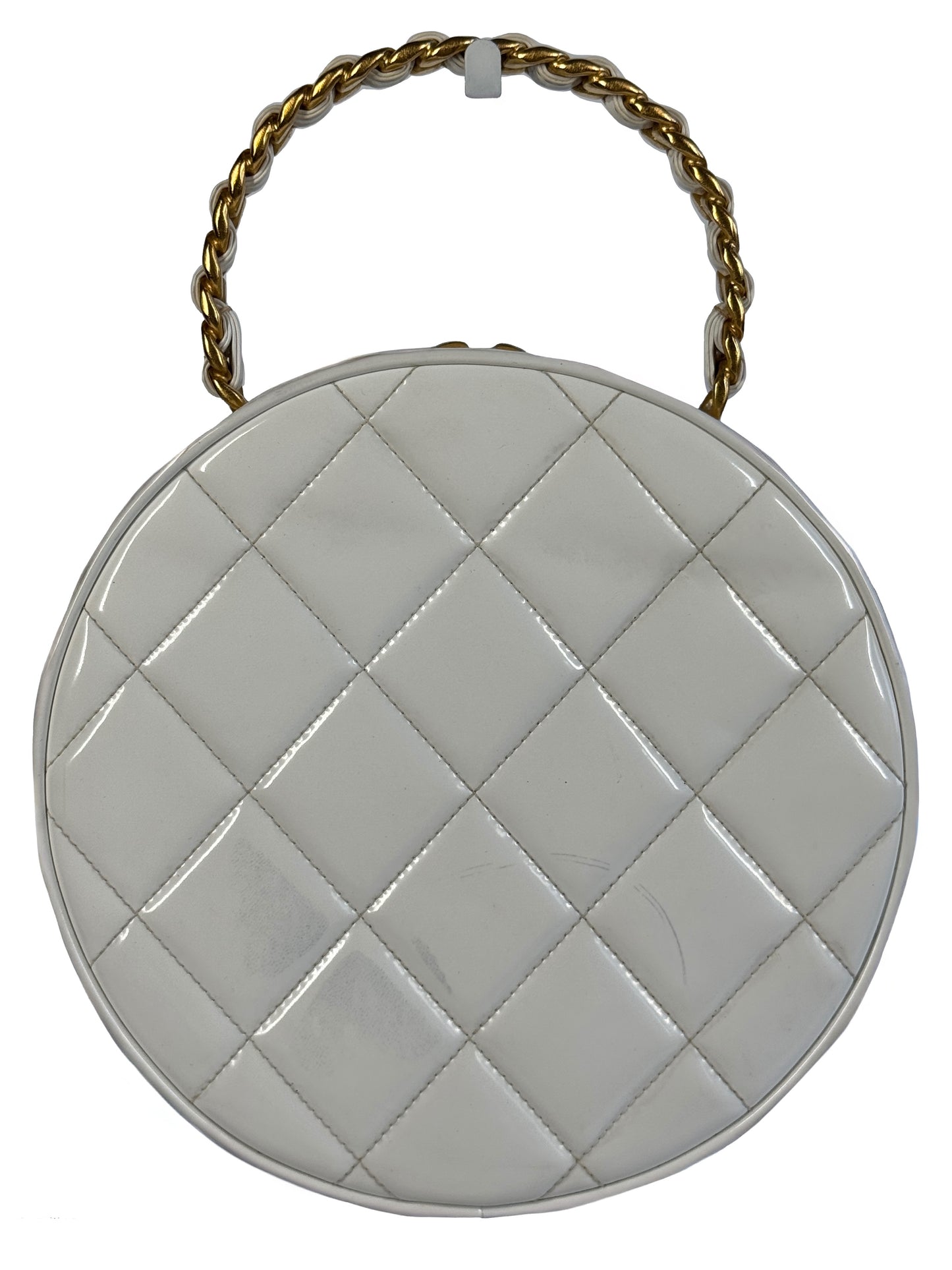 Chanel Vintage Spring 1995 Quilted White & Black Patent Leather CC Round Vanity Bag