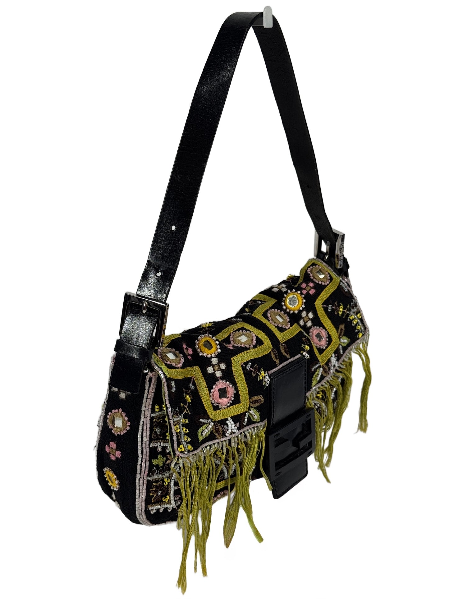 Fendi Vintage Black Knit Embroidered Pink Beaded Green Fringe Baguette Shoulder Bag