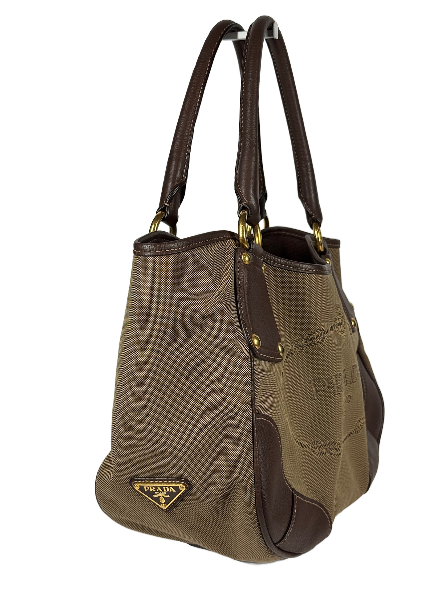 Prada Vintage Brown Jacquard Canapa Canvas Medium Shoulder Tote Bag