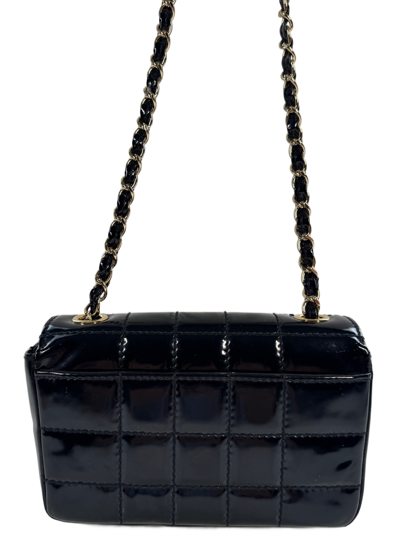 Chanel Vintage 00s Black Patent Leather Mini Rectangular Quilted Chocolate Bar Flap Bag w 24K Gold Plated Hardware