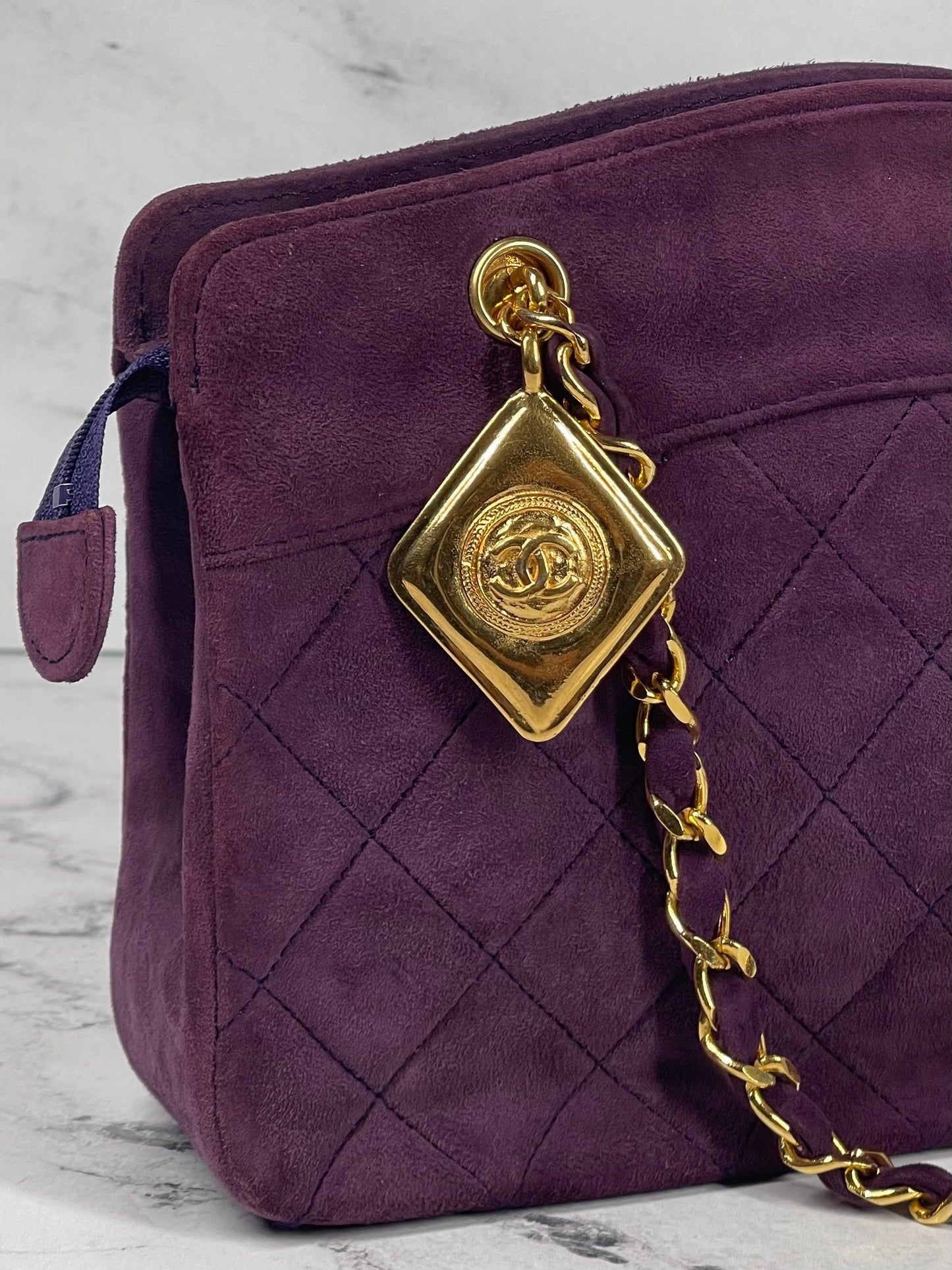 Chanel Vintage 1 Series Eggplant Purple Suede Chain Shoulder Bag w 24K GPHW
