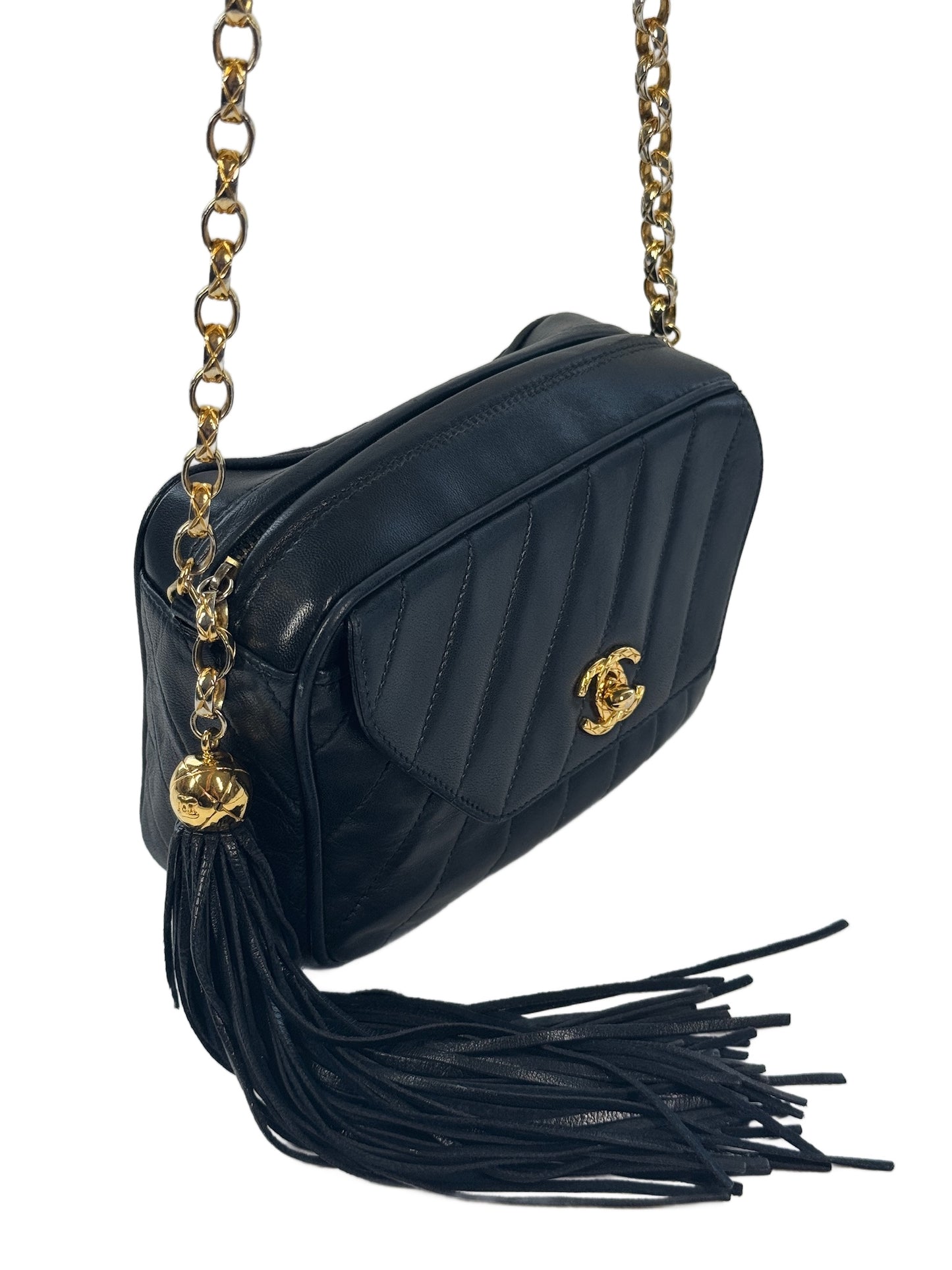 Chanel Vintage 90s Navy Blue Diagonal Quilted Lambskin Leather Tassel Camera Bag w 24K Gold Plated Hardware