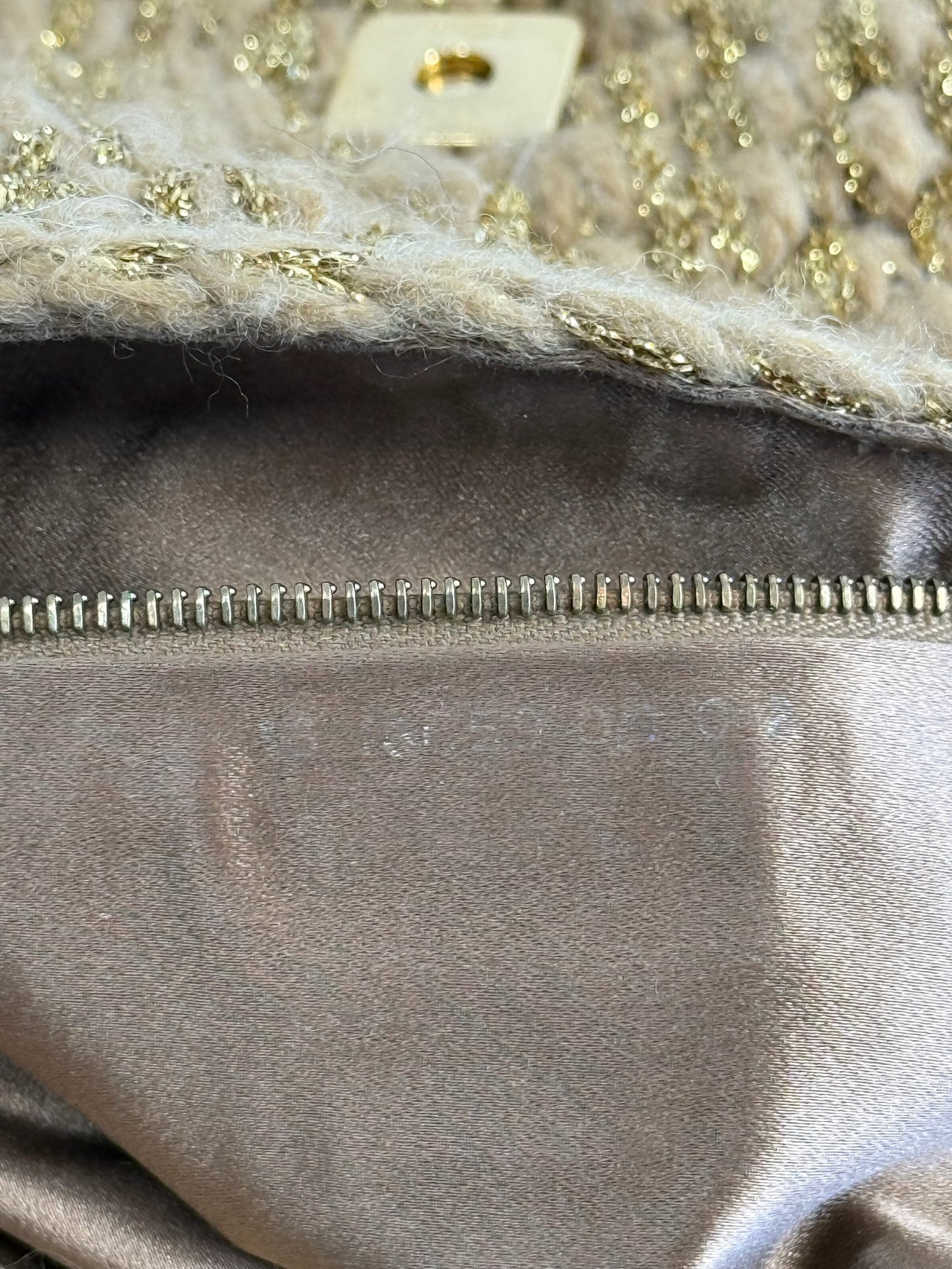 Fendi Vintage Metallic Gold Woven Wool Knit Shoulder Baguette Bag w Purple Pony Hair Logo