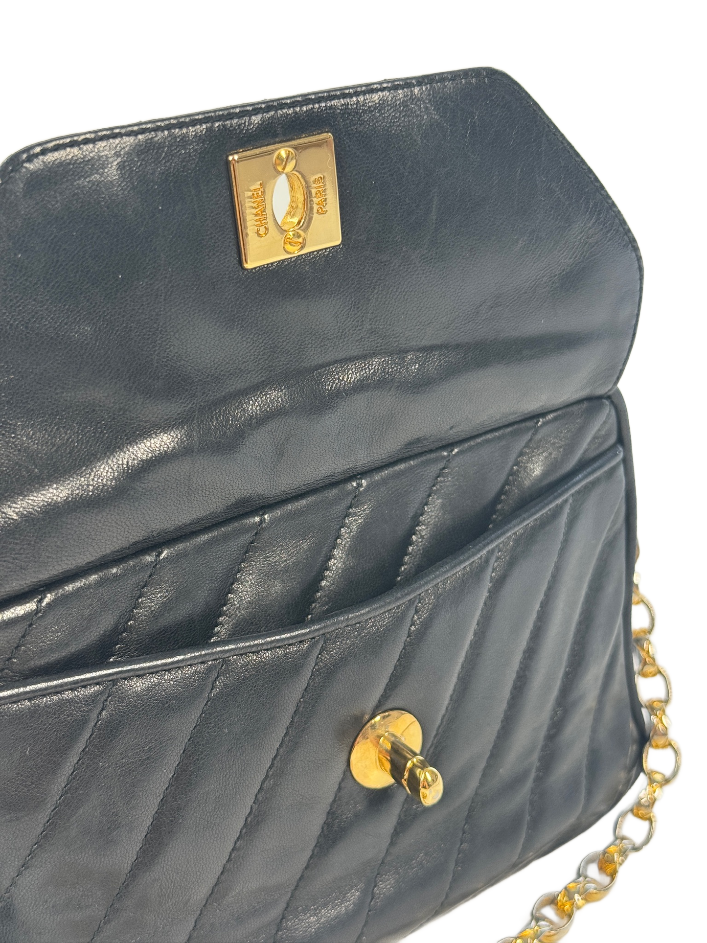 Chanel Vintage 90s Navy Blue Diagonal Quilted Lambskin Leather Tassel Camera Bag w 24K Gold Plated Hardware