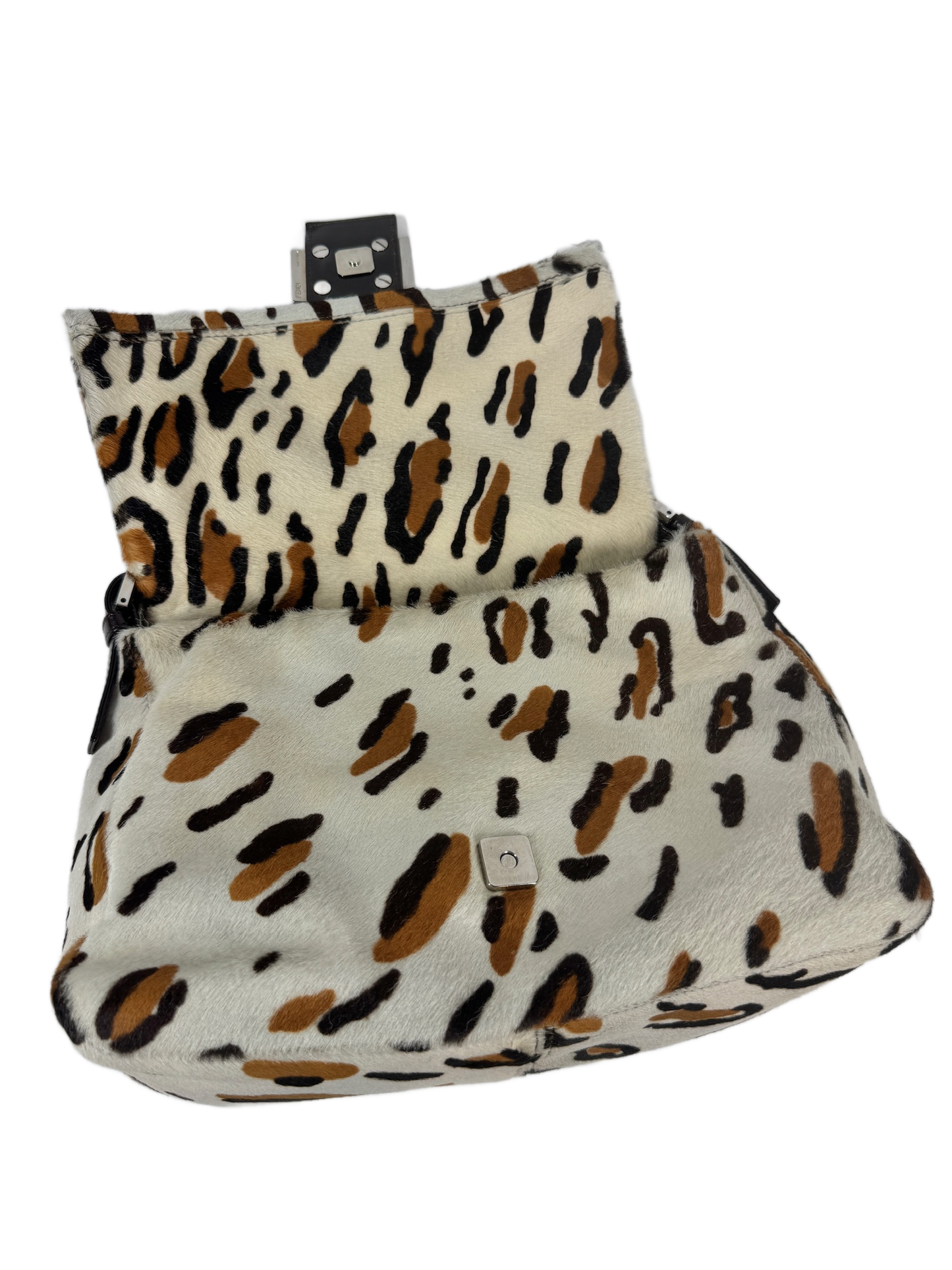 Fendi Vintage White & Brown Leopard Print Pony Hair Mamma Baguette Shoulder Bag