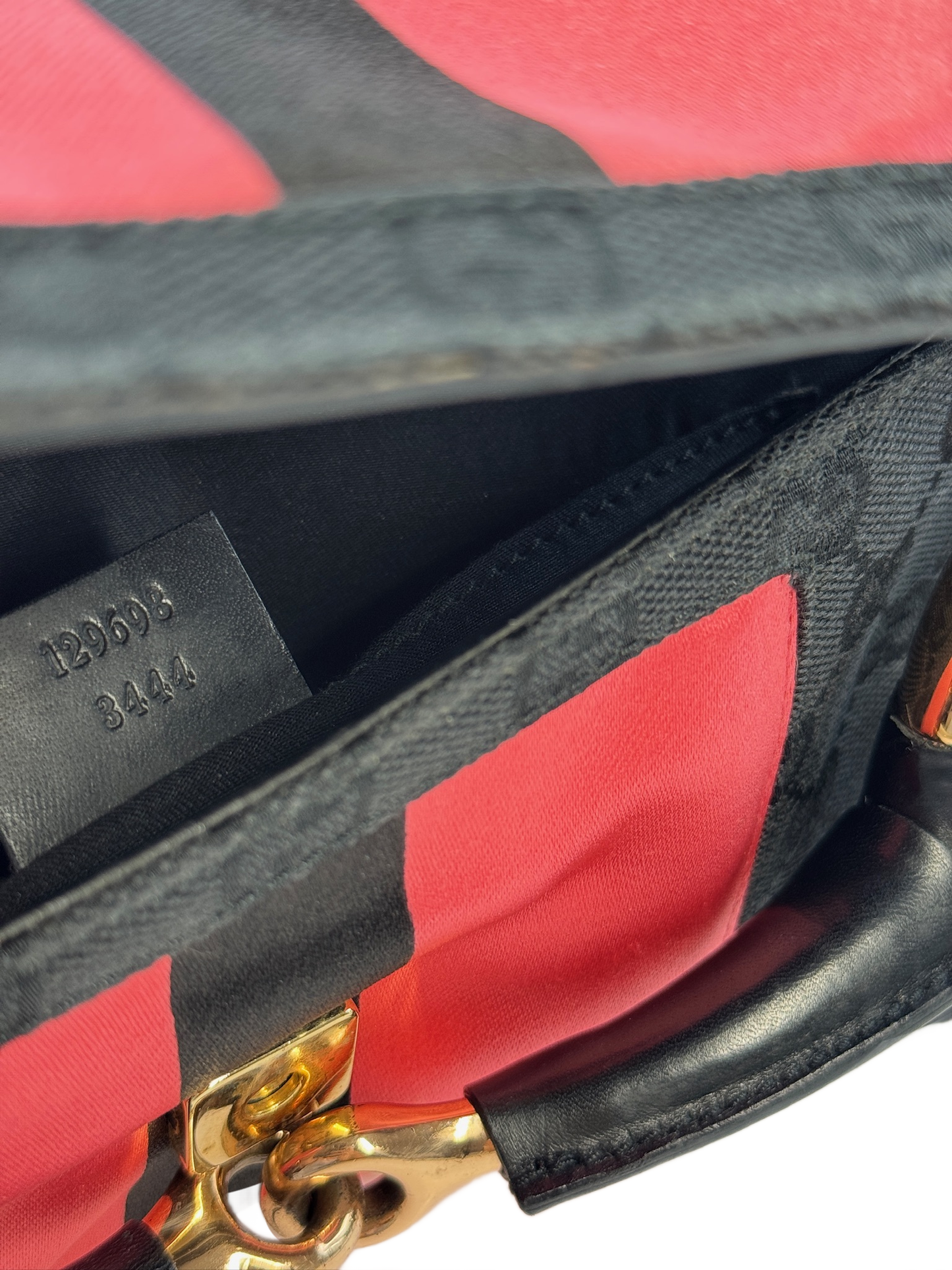 Gucci Vintage Black GG Monogram Gold Horsebit Pink Satin Striped Bamboo Chain Large Shoulder Clutch Bag