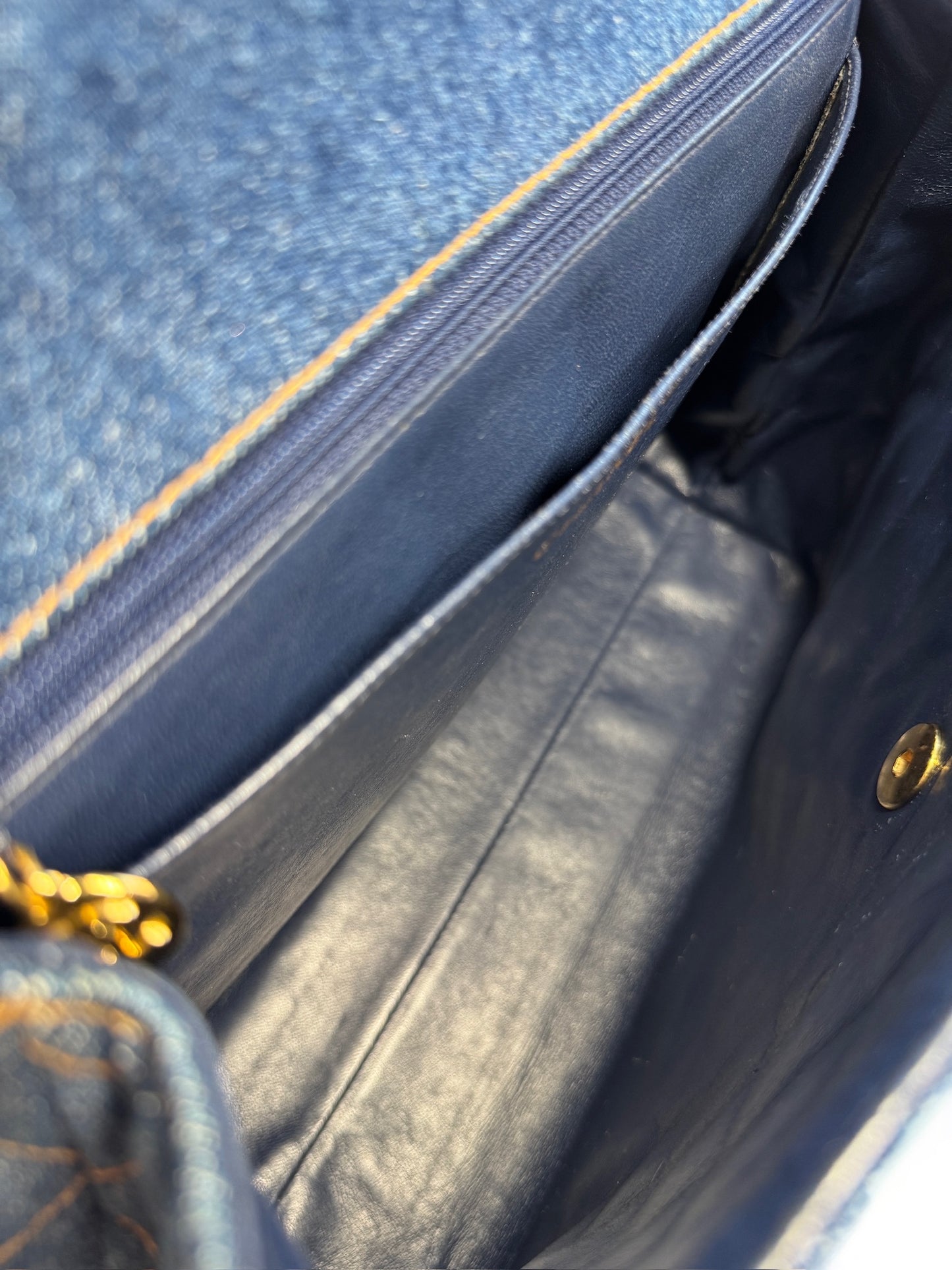 Chanel Vintage 1997 Blue Quilted Denim Medium Classic Kelly Top Handle Flap Bag w 24K Gold Plated Hardware