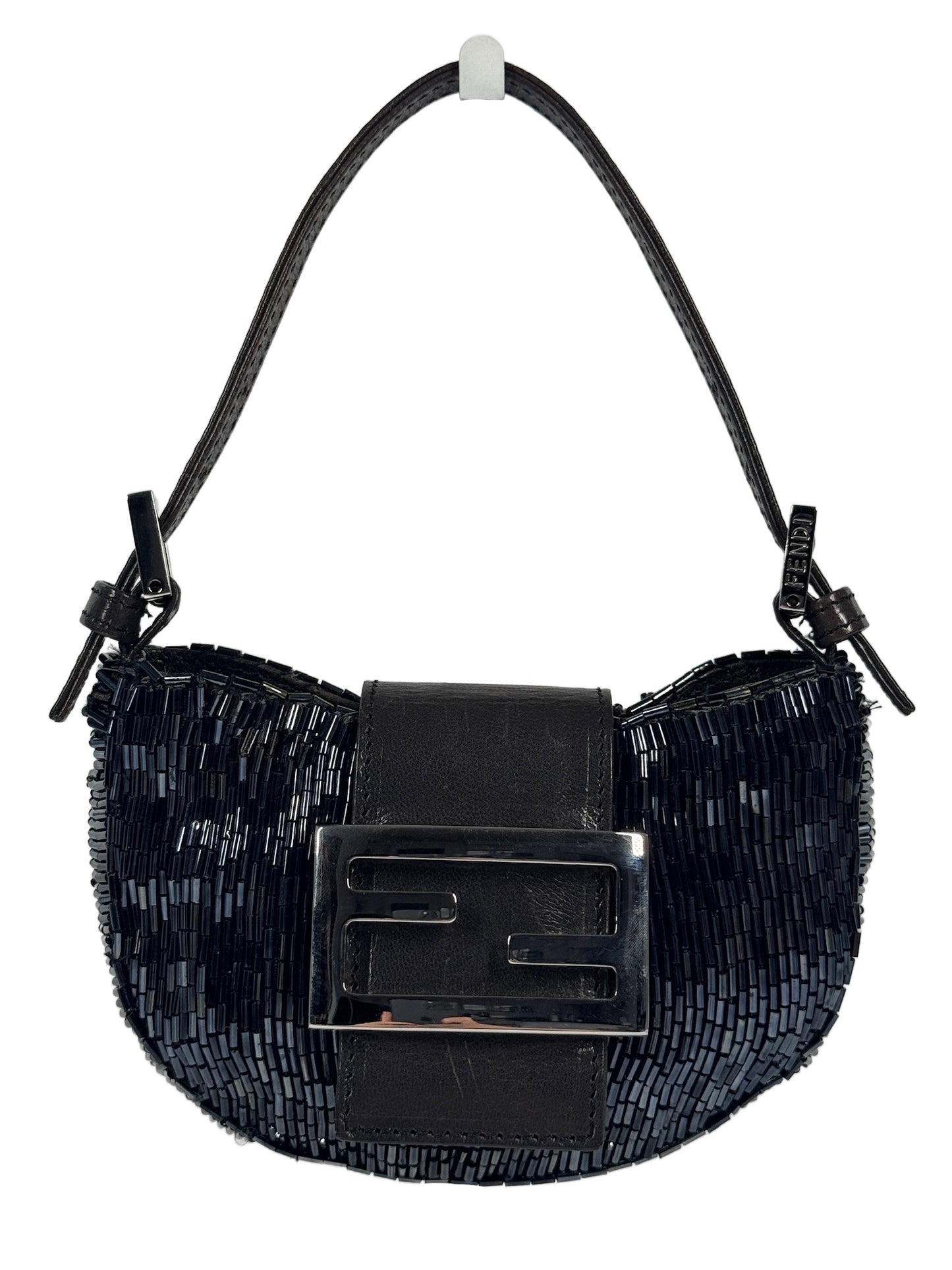 Fendi Vintage Iridescent Black Beaded Mini Croissant Baguette Bag