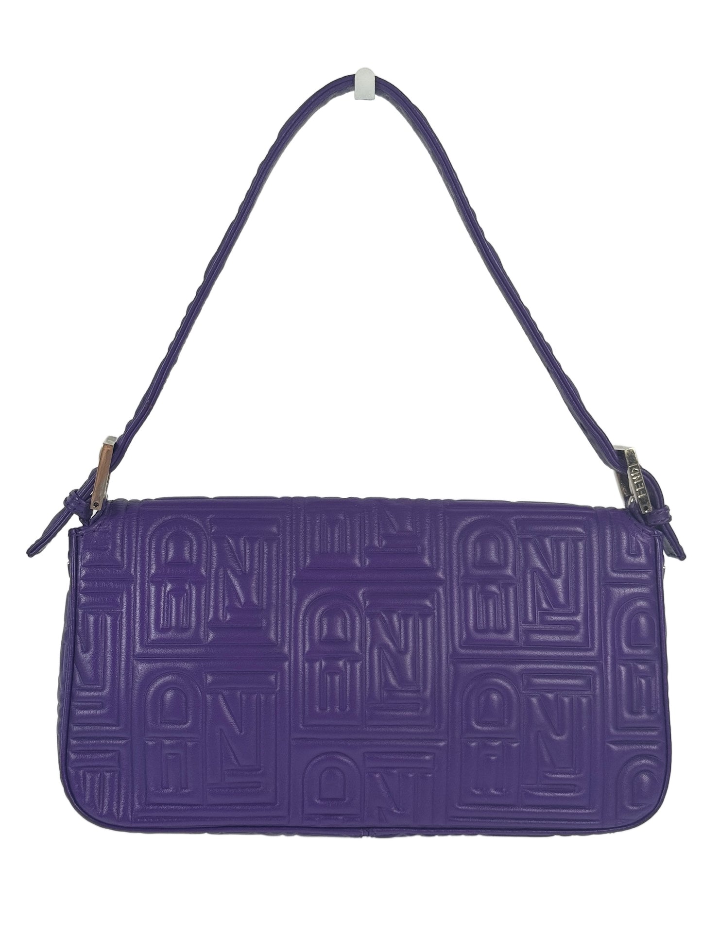 Fendi Purple Nappa Embossed Logo Leather Shoulder Baguette Bag