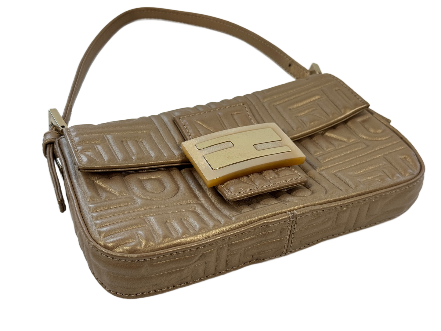 Fendi Metallic Gold Nappa Embossed Logo Leather Mini Baguette Pochette Shoulder Bag