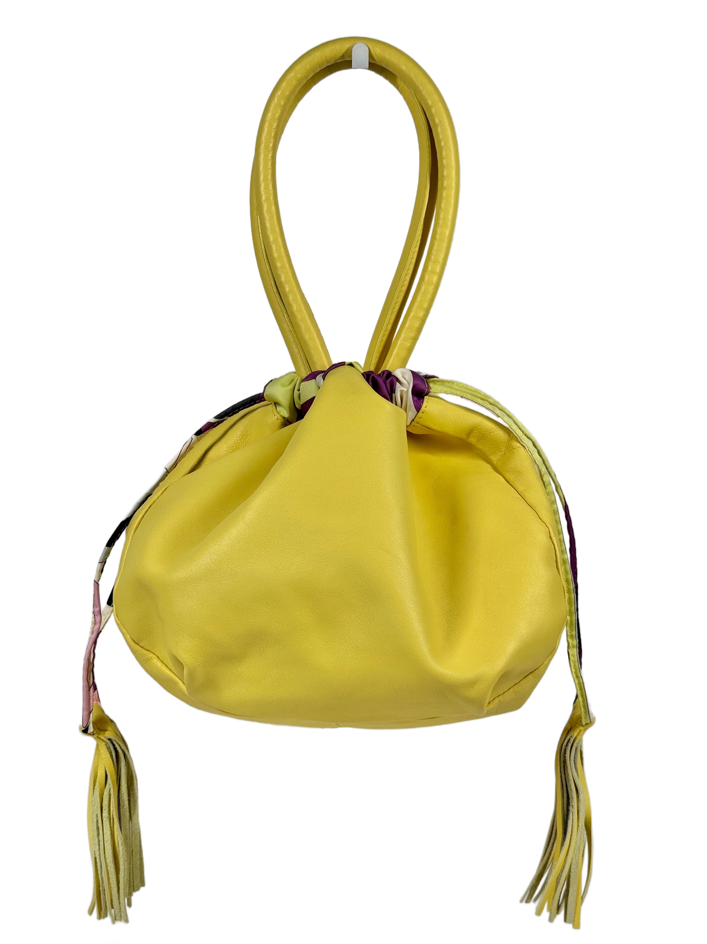 Emilio Pucci Yellow Leather Drawstring Tassel Silk Pattern Bag