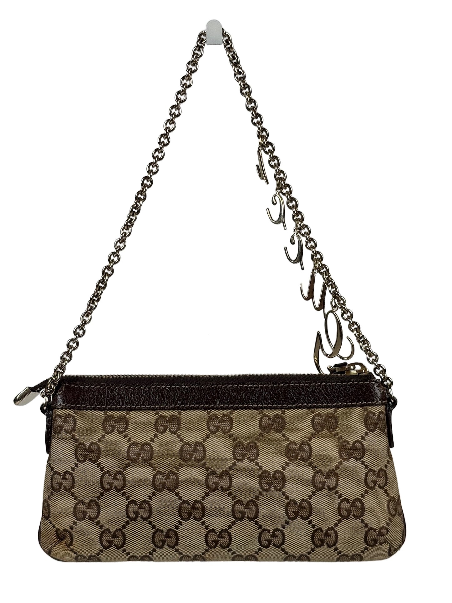 Gucci Vintage Brown Monogram Canvas Logo Chain Strap Evening Pochette Bag