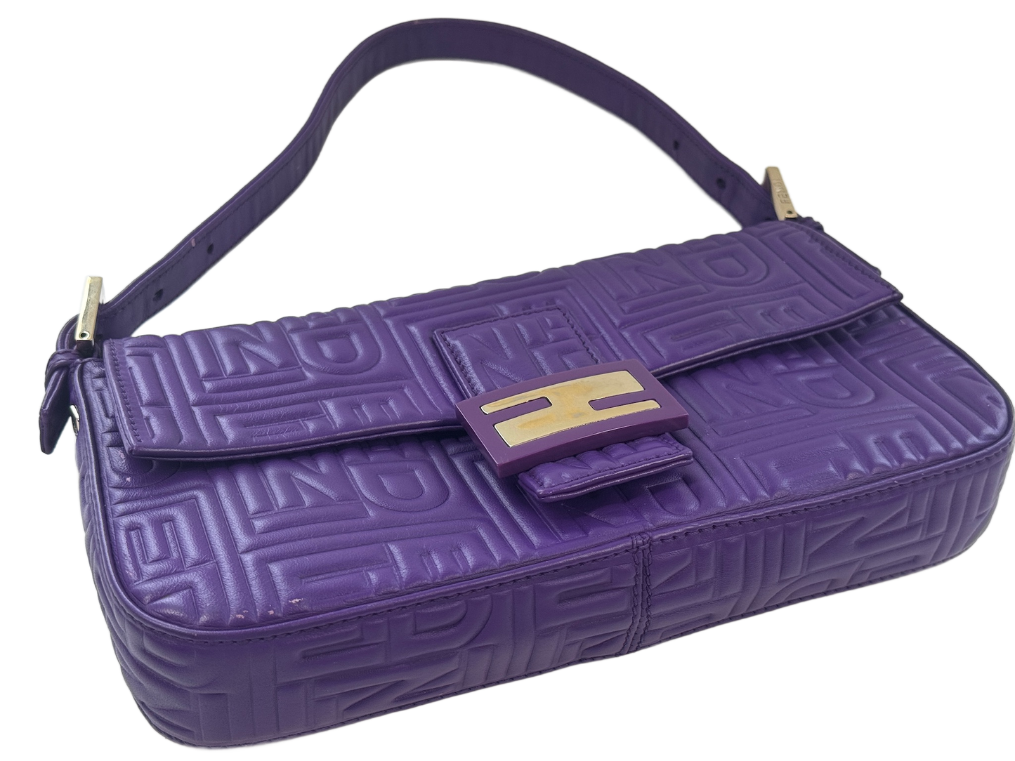 Fendi Purple Nappa Embossed Logo Leather Shoulder Baguette Bag