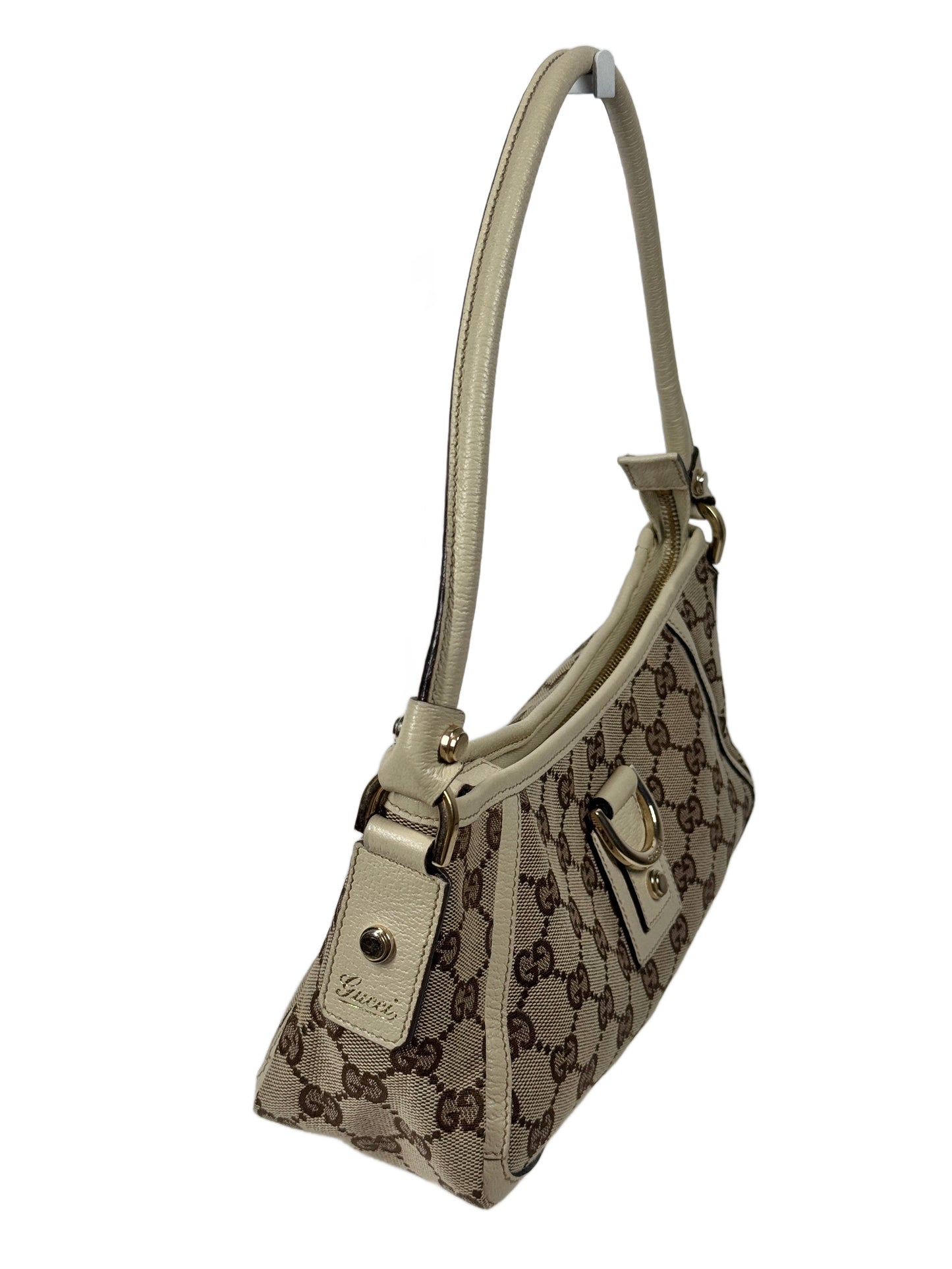 Gucci Vintage Brown GG Monogram Canvas w Ivory Leather Trim Abbey Pochette Shoulder Bag