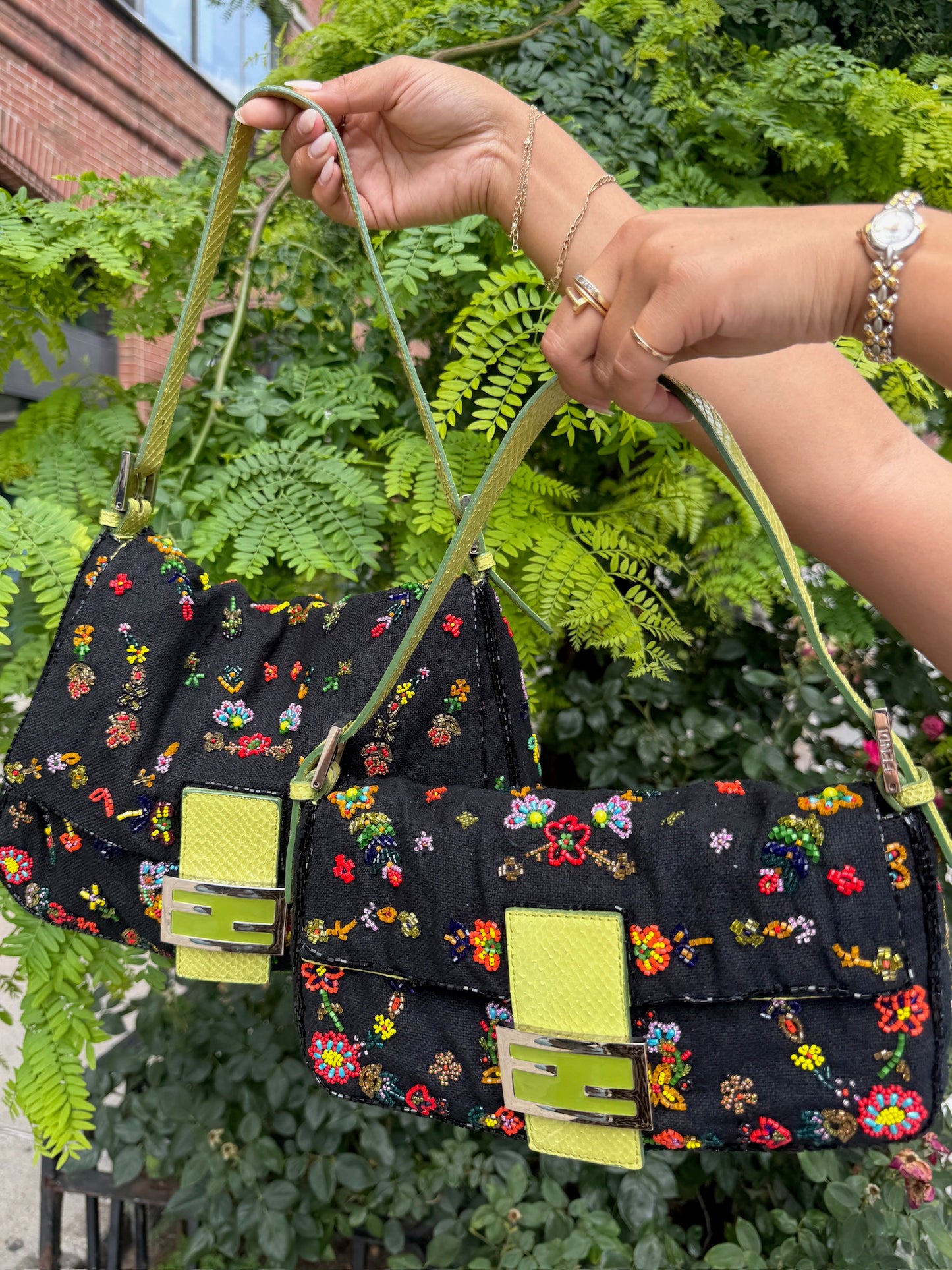 Fendi Vintage Black Knit Floral Beaded Embroidered Mamma Baguette Shoulder Bag w Green Lizard Trim