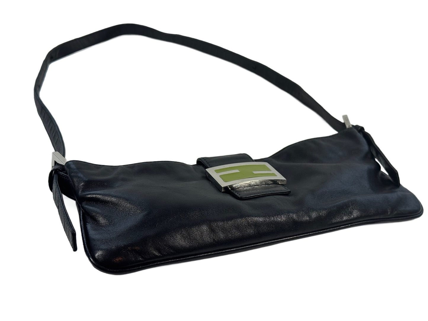 Fendi Vintage Black Lambskin Leather Green Logo Shoulder Baguette Bag