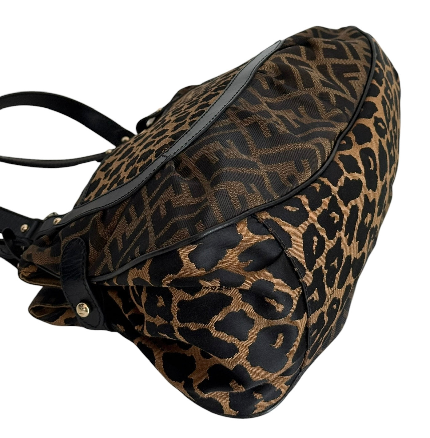 Fendi Vintage Brown Zucca Monogram Leopard Print Large Chef Shoulder Hobo Bag