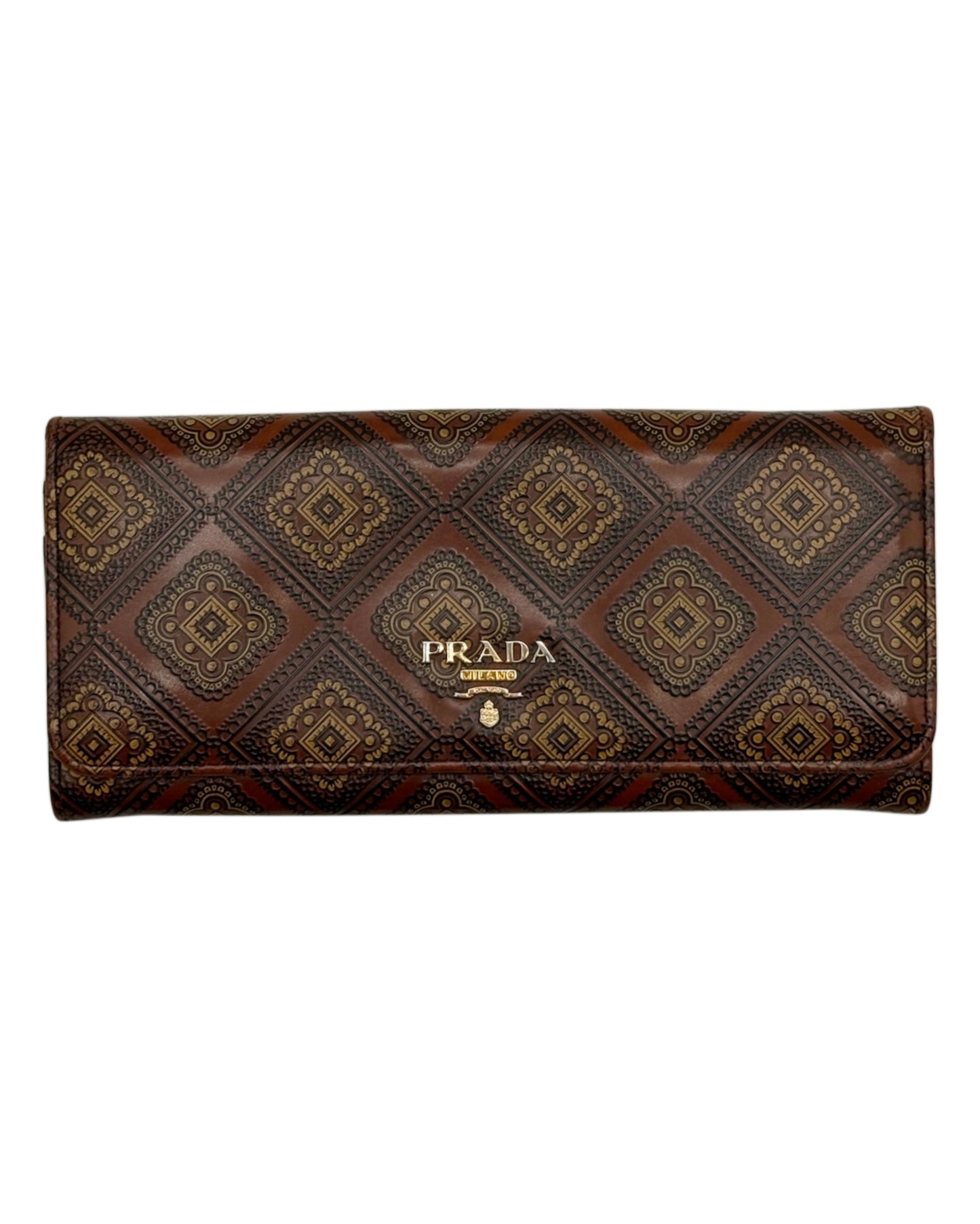 Prada Vintage Brown Leather Floral Pattern Long Snap Wallet