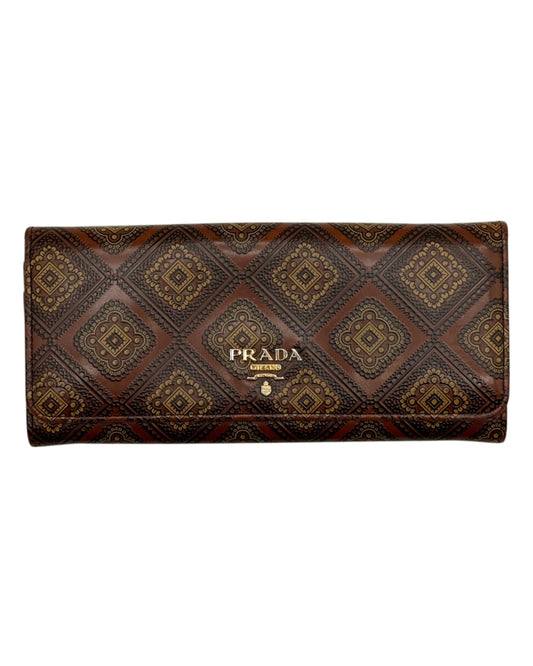 Prada Vintage Brown Leather Floral Pattern Long Snap Wallet