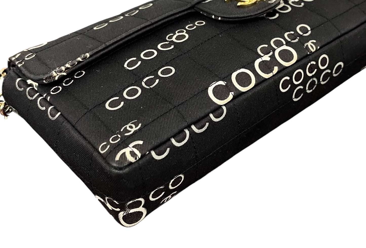 Chanel Vintage 2000 Black Coco CC Satin Chocolate Bar Quilted East West Shoulder Flap Bag