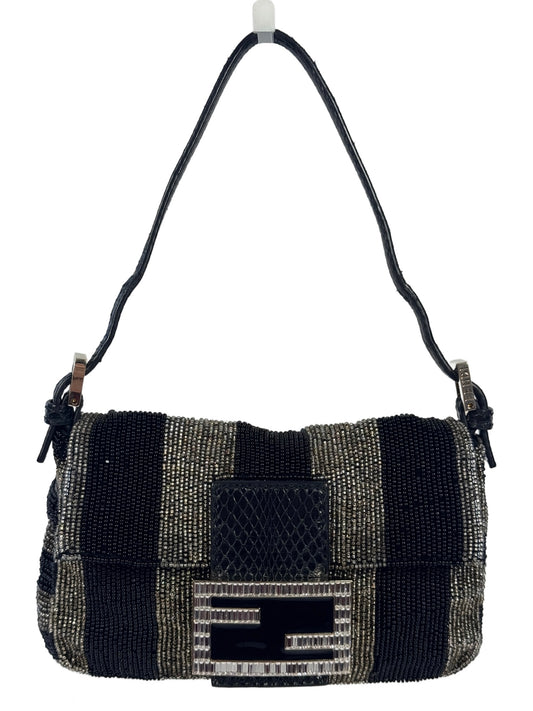 Fendi Vintage Black & Silver Metallic Striped Beaded Crystal Embellished Logo Mini Baguette w Snakeskin Trim