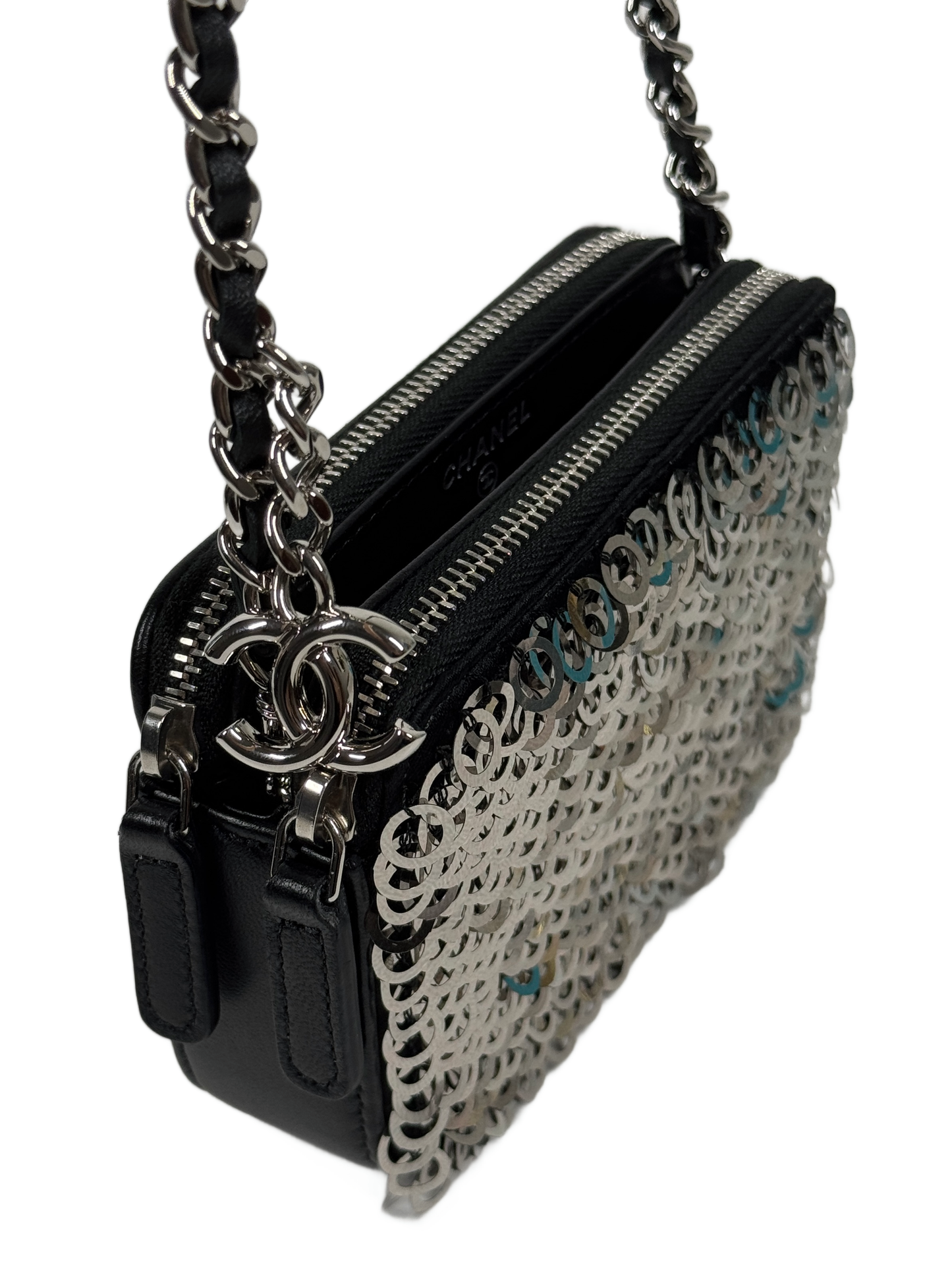 Chanel Silver Sequin & Black Leather Mini Double Zip Chain Shoulder & Crossbody Bag