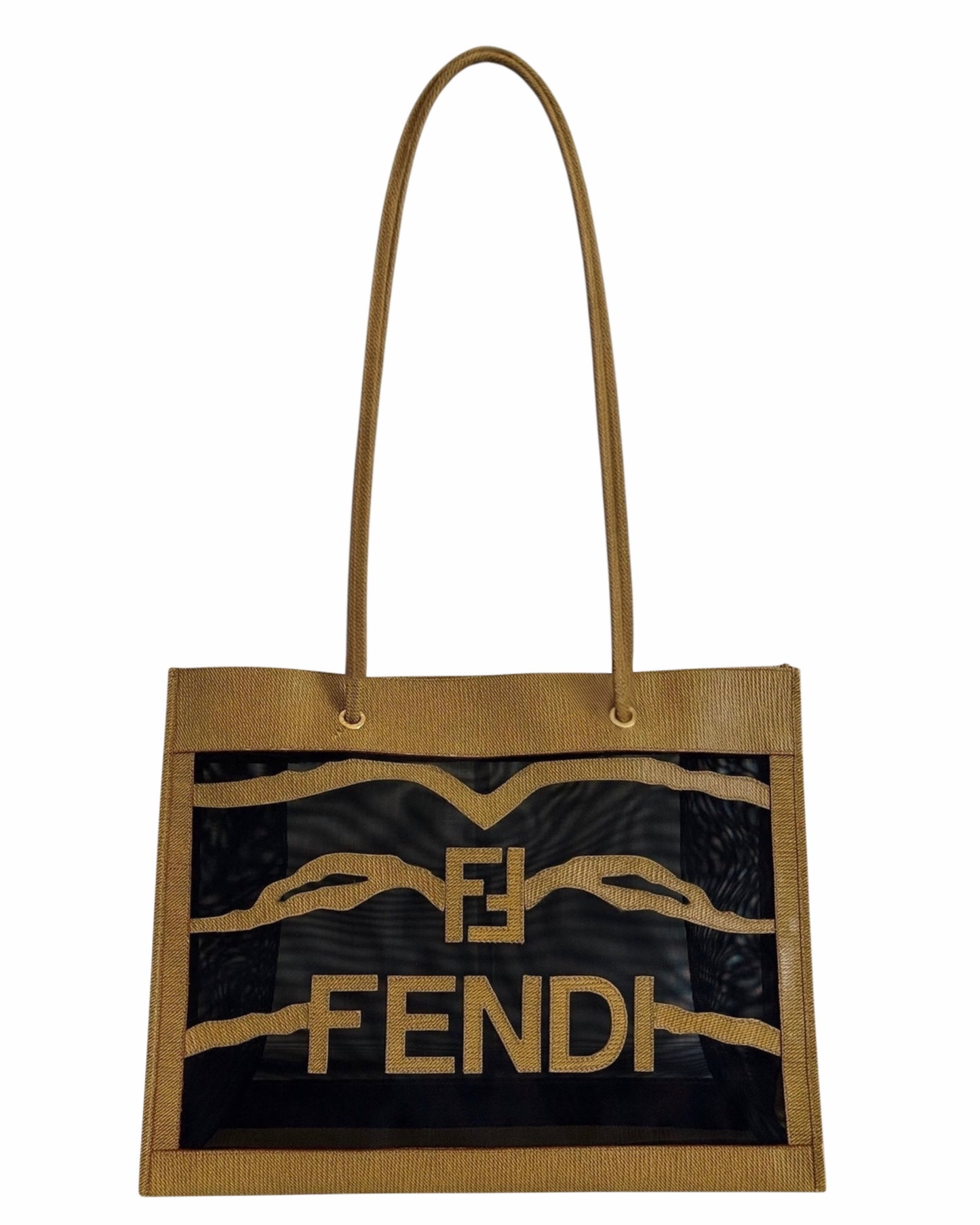 Fendi Vintage Mesh Logo Canvas Shoulder Bag Beach Tote