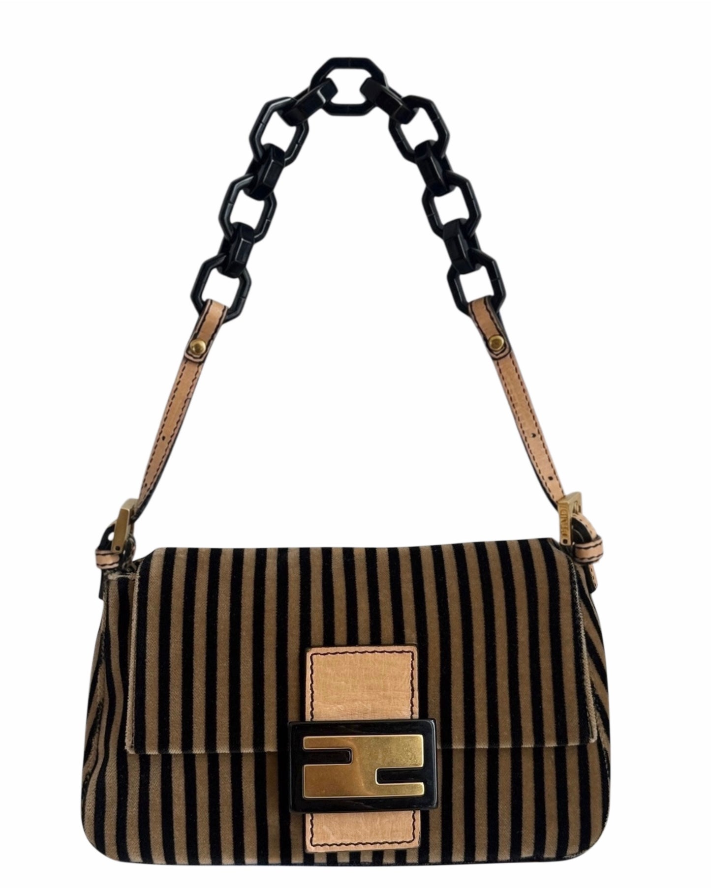 Fendi Vintage Velour Velvet Beige & Black Striped Chain Link Mini Mamma Shoulder Baguette Bag 