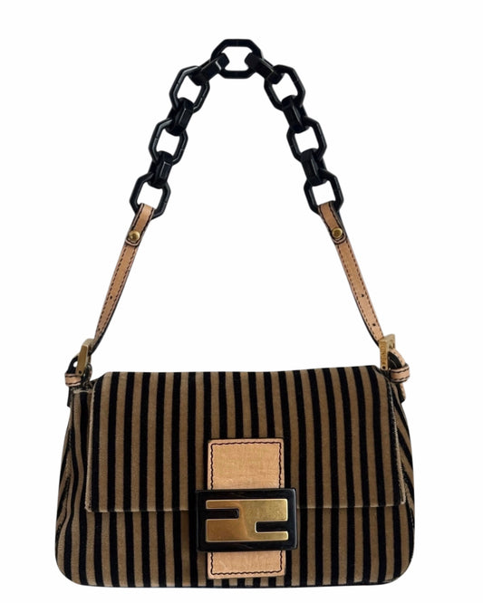 Fendi Vintage Velour Velvet Beige & Black Striped Chain Link Mini Mamma Shoulder Baguette Bag 