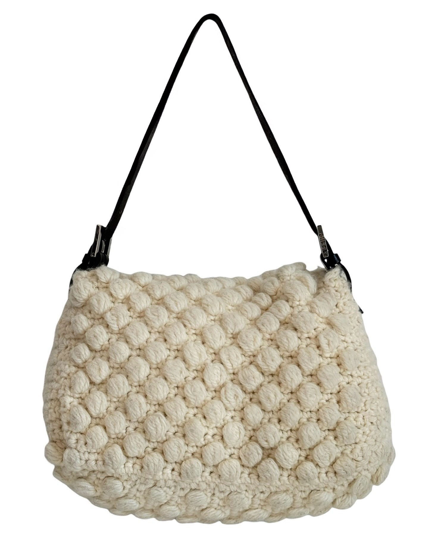 Fendi Vintage Ivory Crochet Knit Mamma Baguette Shoulder Bag