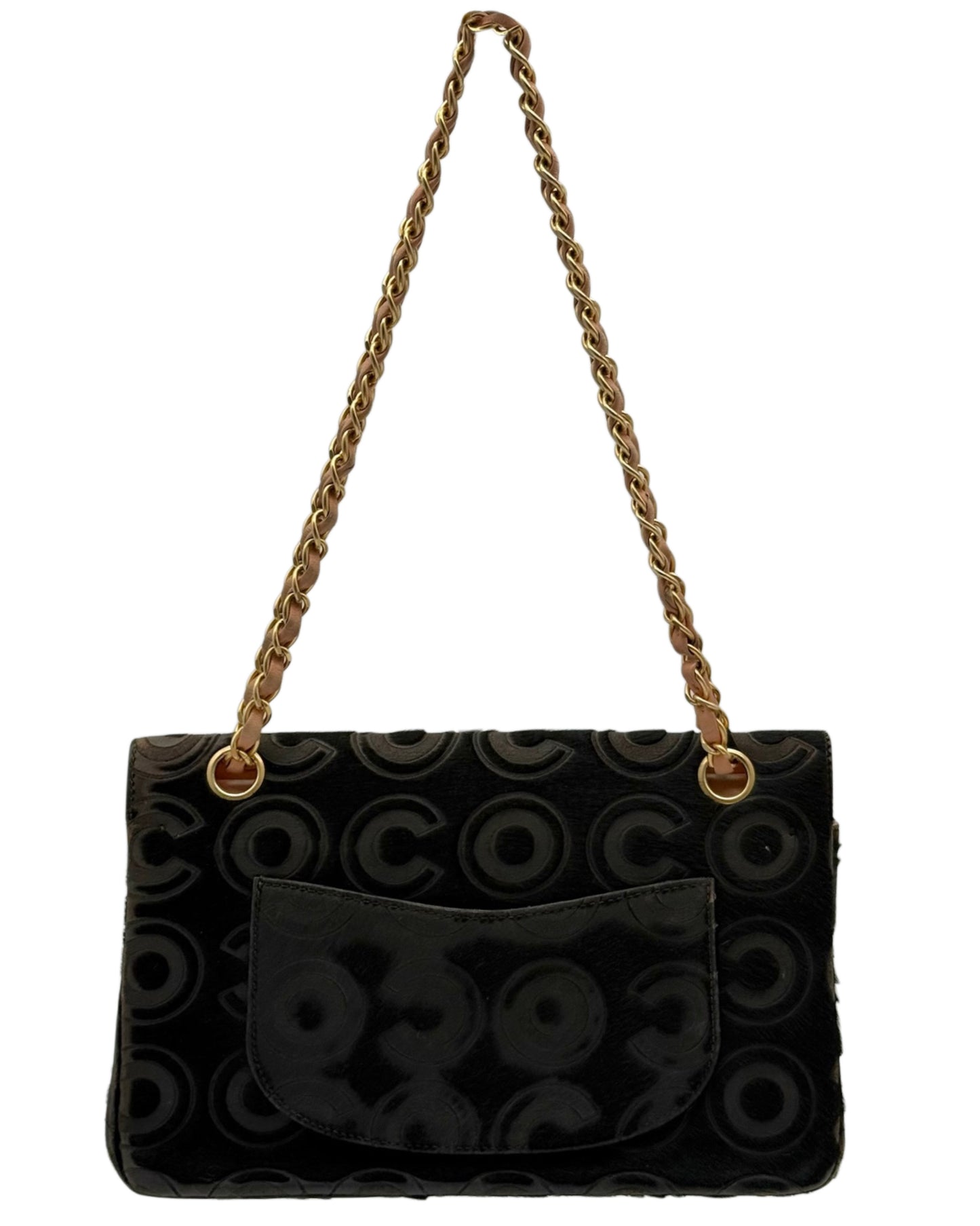 Chanel Vintage 00s Black Pony Hair Coco Embossed Logo Medium Classic Double Flap Bag