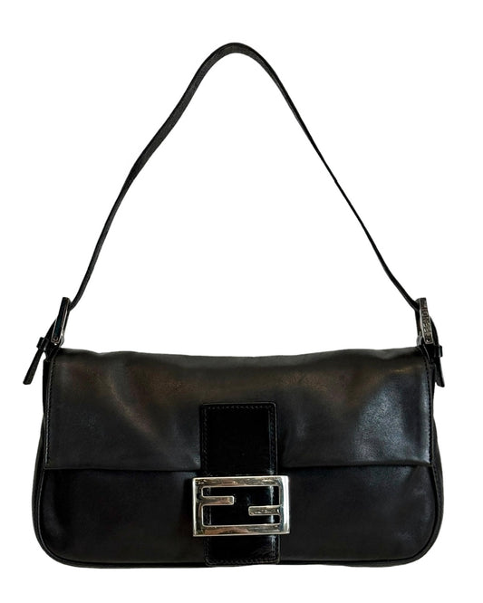 Fendi Vintage Black Lambskin Shoulder Baguette Bag with SHW