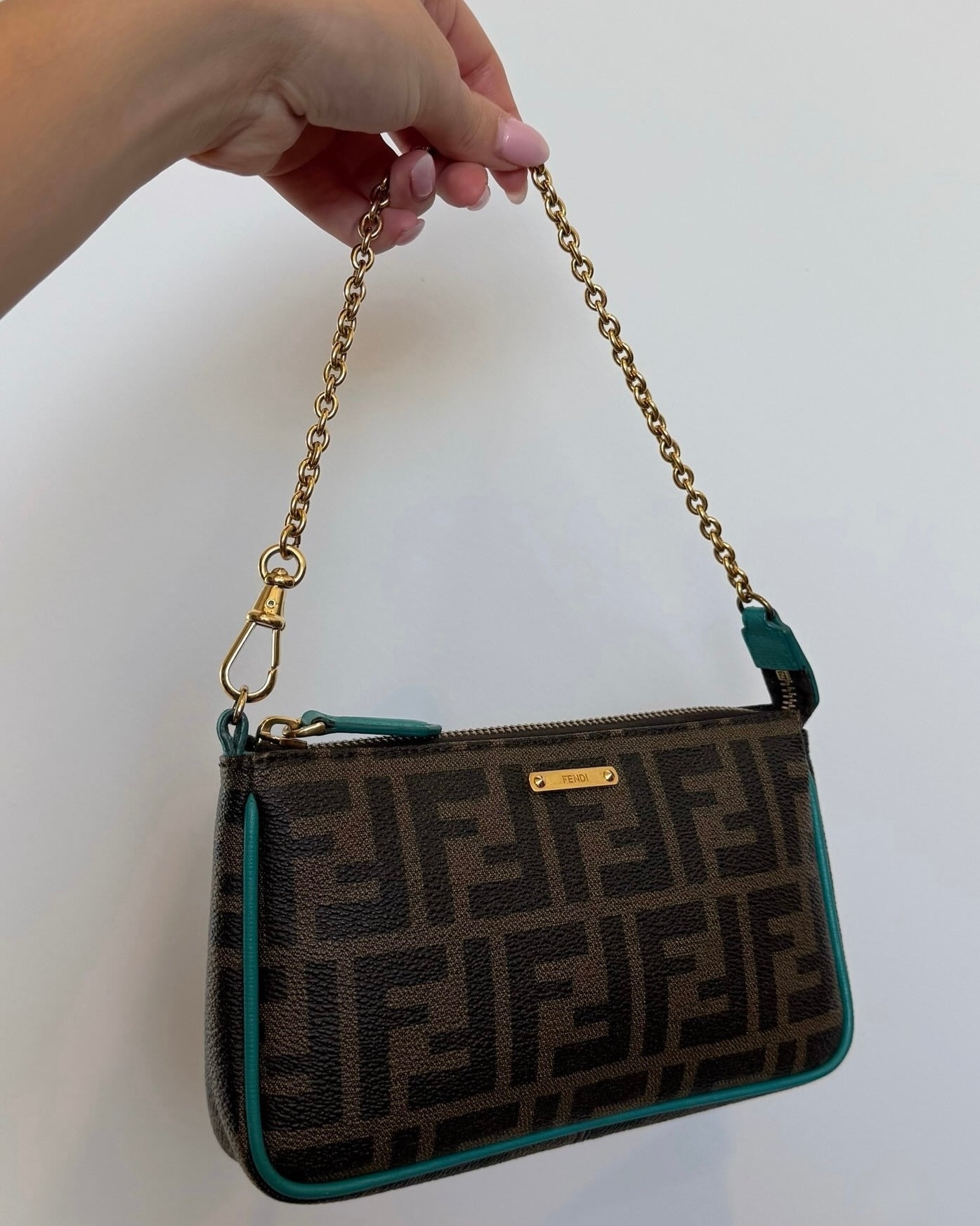 Fendi Vintage Brown Zucca Monogram Turquoise Trim Mini Pochette Chain Bag