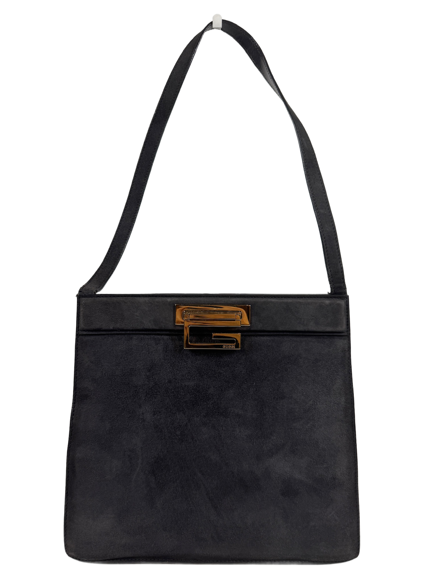 Gucci Vintage 80s Gray Suede Trapezoid G Top Handle Shoulder Bag