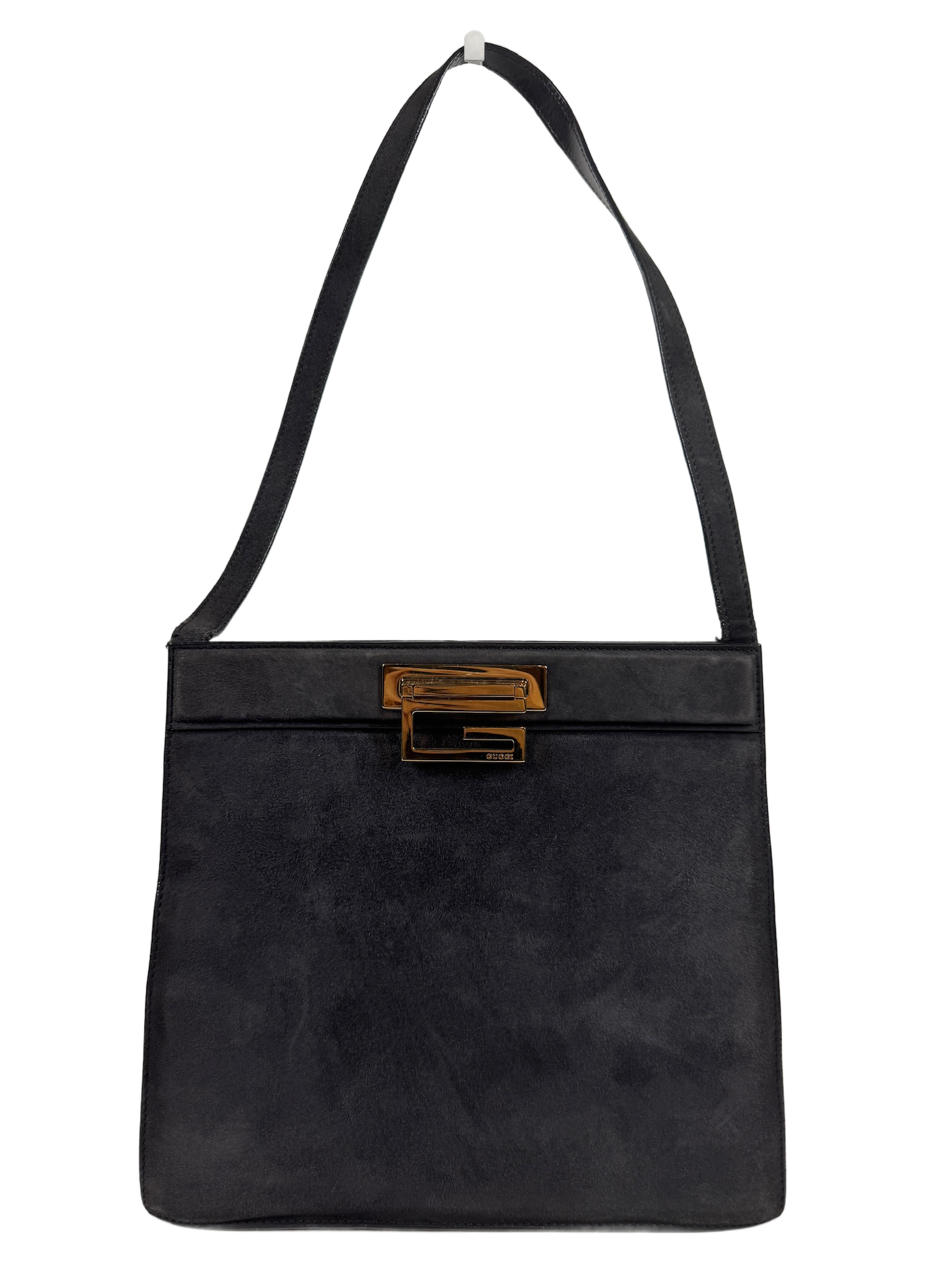 Gucci Vintage 80s Gray Suede Trapezoid G Top Handle Shoulder Bag