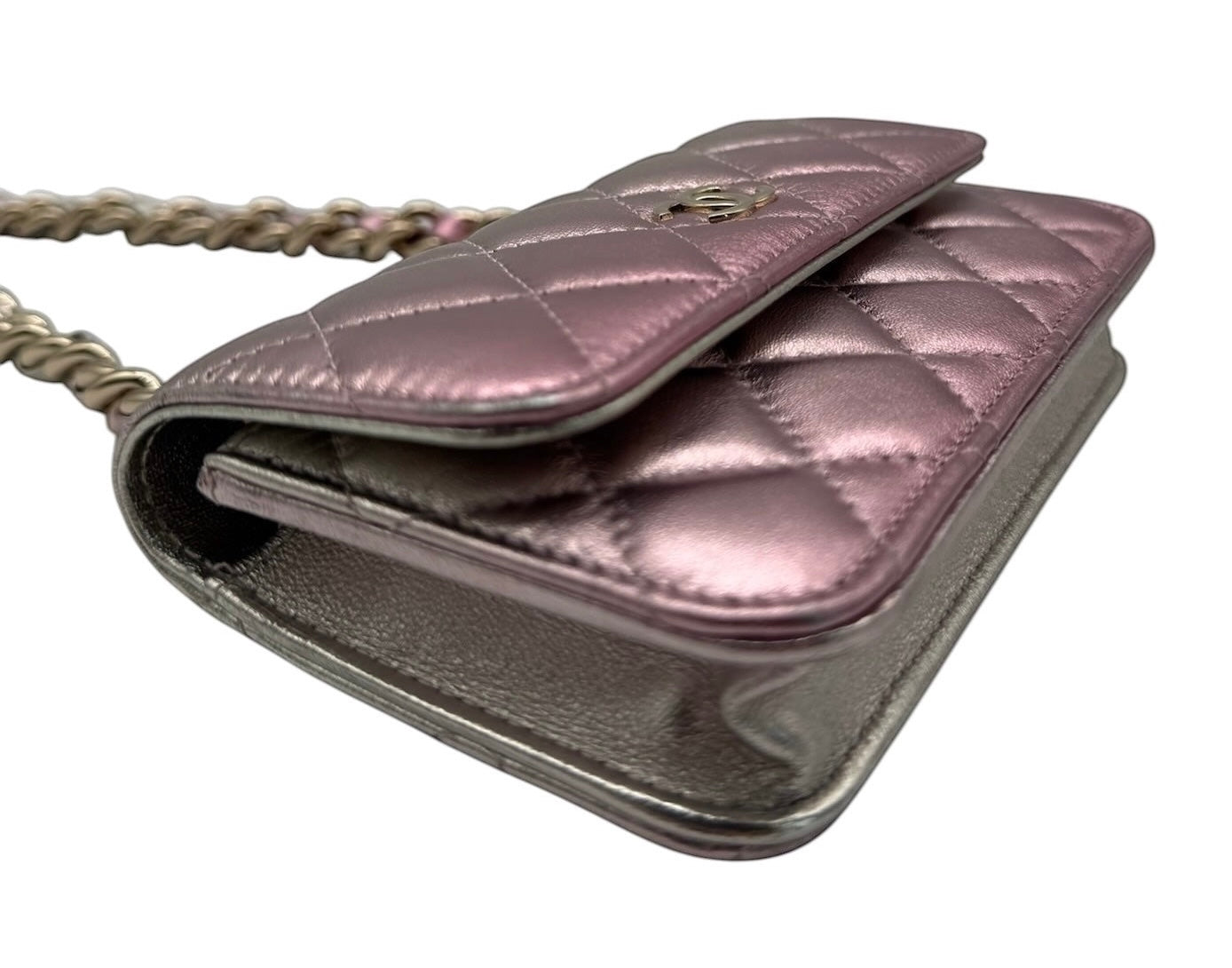 Chanel 2021 Metallic Pink & Silver Quilted Lambskin Coco Punk Clutch with Chain Mini Bag