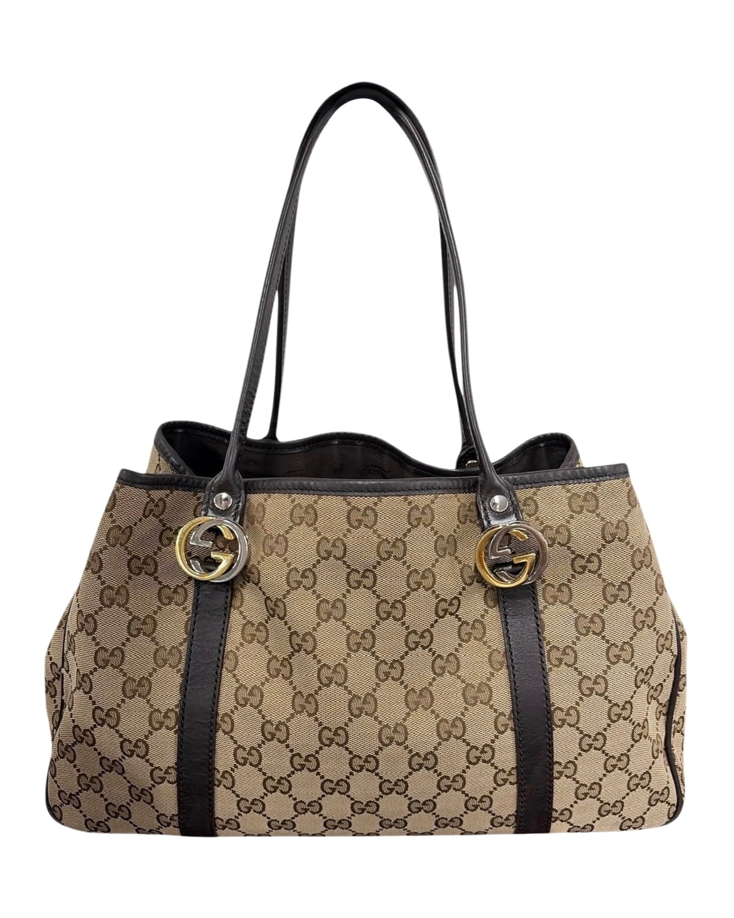 Gucci Vintage Brown GG Monogram Mixed Metal Interlocking GG Twins Shoulder Tote Bag