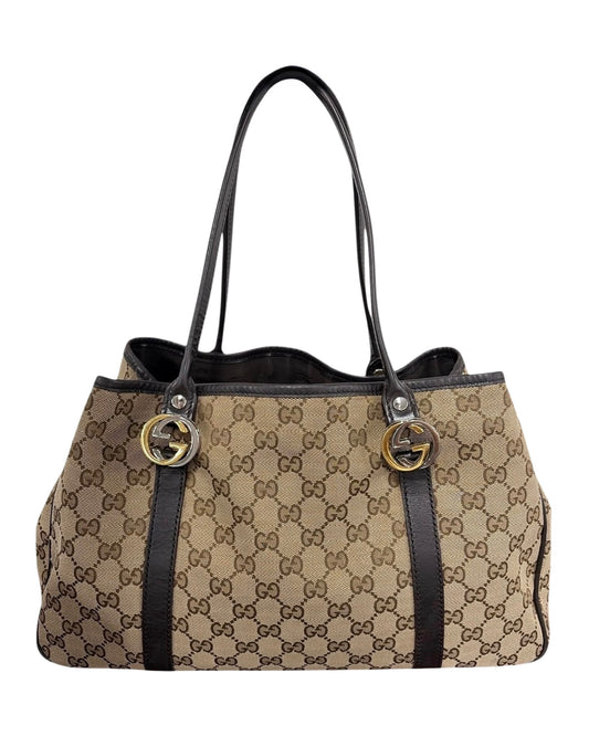 Gucci Vintage Brown GG Monogram Mixed Metal Interlocking GG Twins Shoulder Tote Bag
