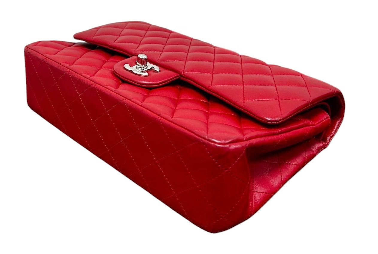 Chanel Red Quilted Lambskin Medium Classic Double Flap Bag with Silver Hardware