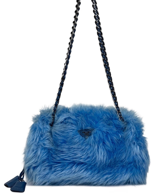 Prada Blue Faux Fur Medium Chain Shoulder Bag