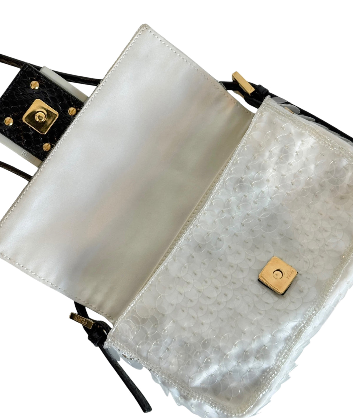 Fendi White Sequin Beaded Re-Edition Mini Shoulder Baguette Bag with Black Python Trim
