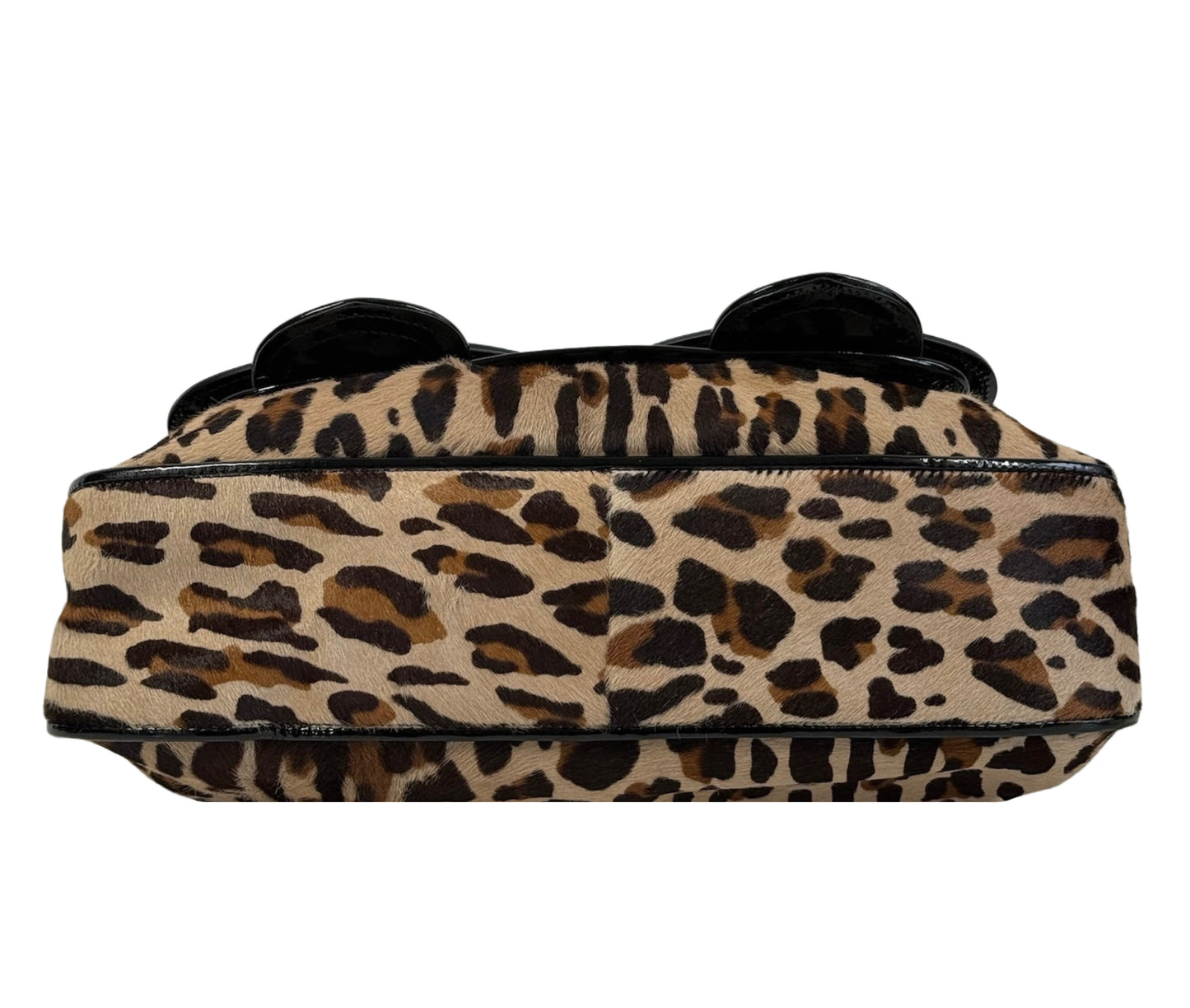 Fendi Vintage Brown Leopard Print Pony Hair Black Patent Leather Logo Buckle Shoulder Bag