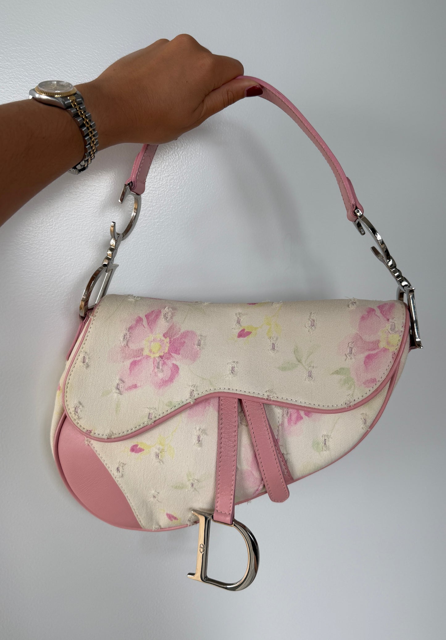 Dior Vintage 2003 White Distressed Pink Floral Canvas Leather Trim Medium Saddle Shoulder Bag