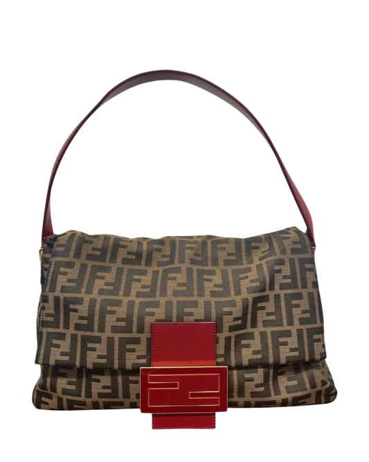 Fendi Vintage Brown Zucca Monogram Canvas Red Leather Trim XL Jumbo Mamma Baguette Shoulder Bag