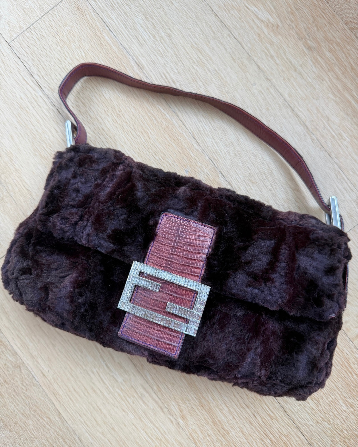 Fendi Vintage Purple Rabbit Fur Pink Lizard Trim Crystal Logo Shoulder Baguette Bag