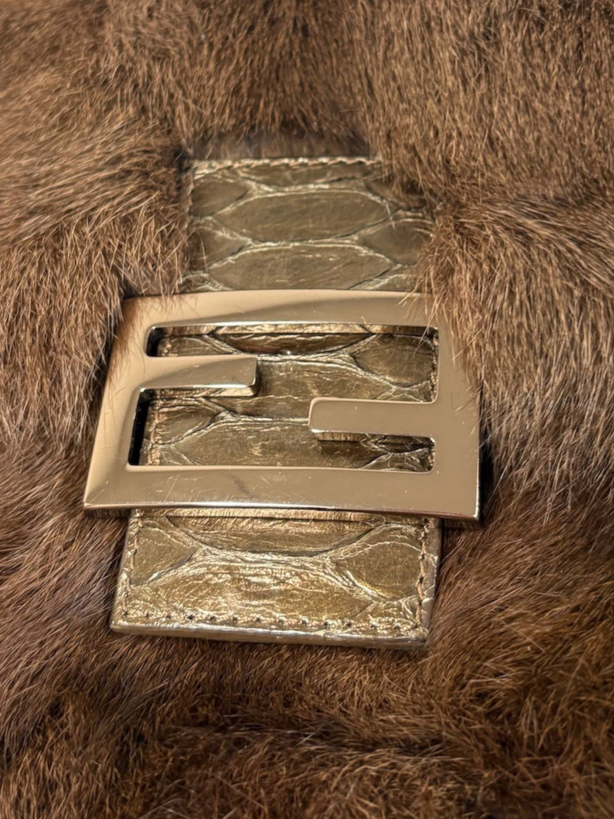 Fendi Vintage Brown Rabbit Fur Python Trim Mini Mamma Shoulder Baguette Bag