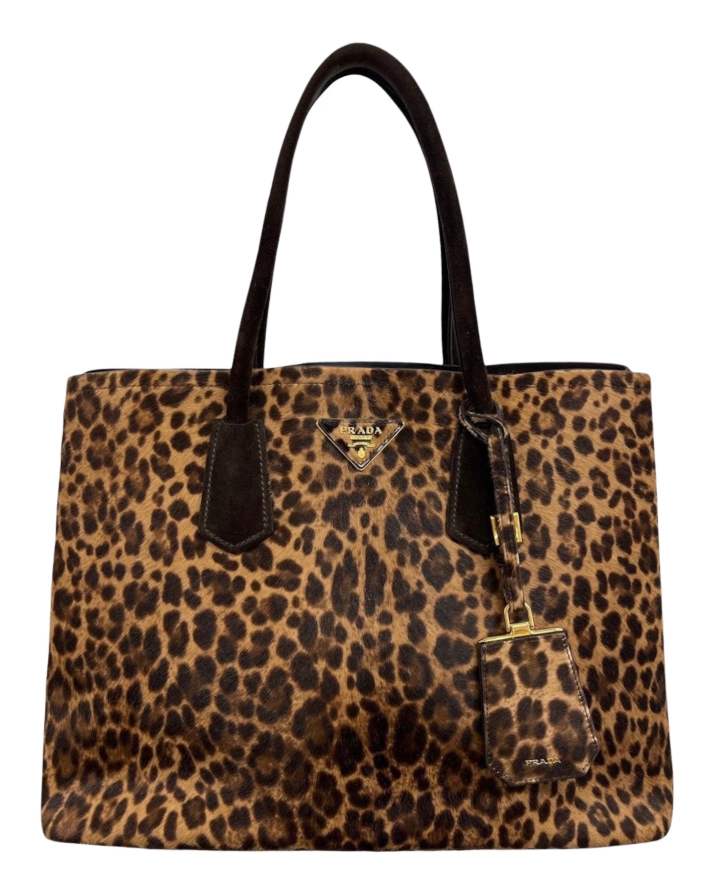 Prada Vintage Brown Suede & Leopard Print Pony Hair Large Two-Way Shoulder Tote Bag