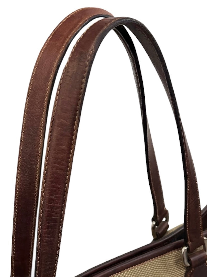 Prada Vintage Light Brown Jacquard Canapa Canvas Large Shoulder Tote Bag with Leather Trim 
