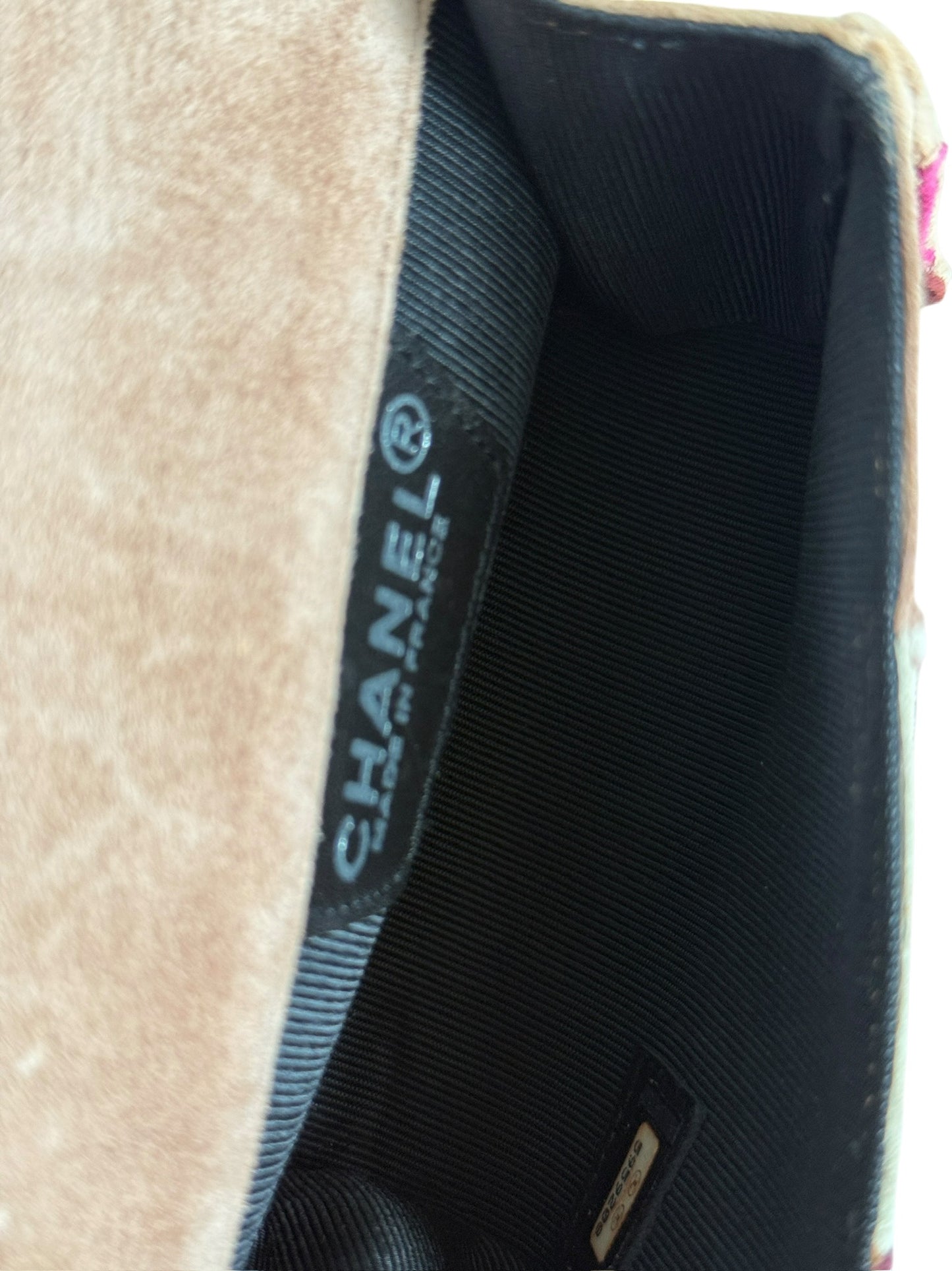 Chanel Vintage 90s Light Brown and Pink Patchwork Suede Crystal CC Logo Micro Mini Flap Crossbody Bag 
